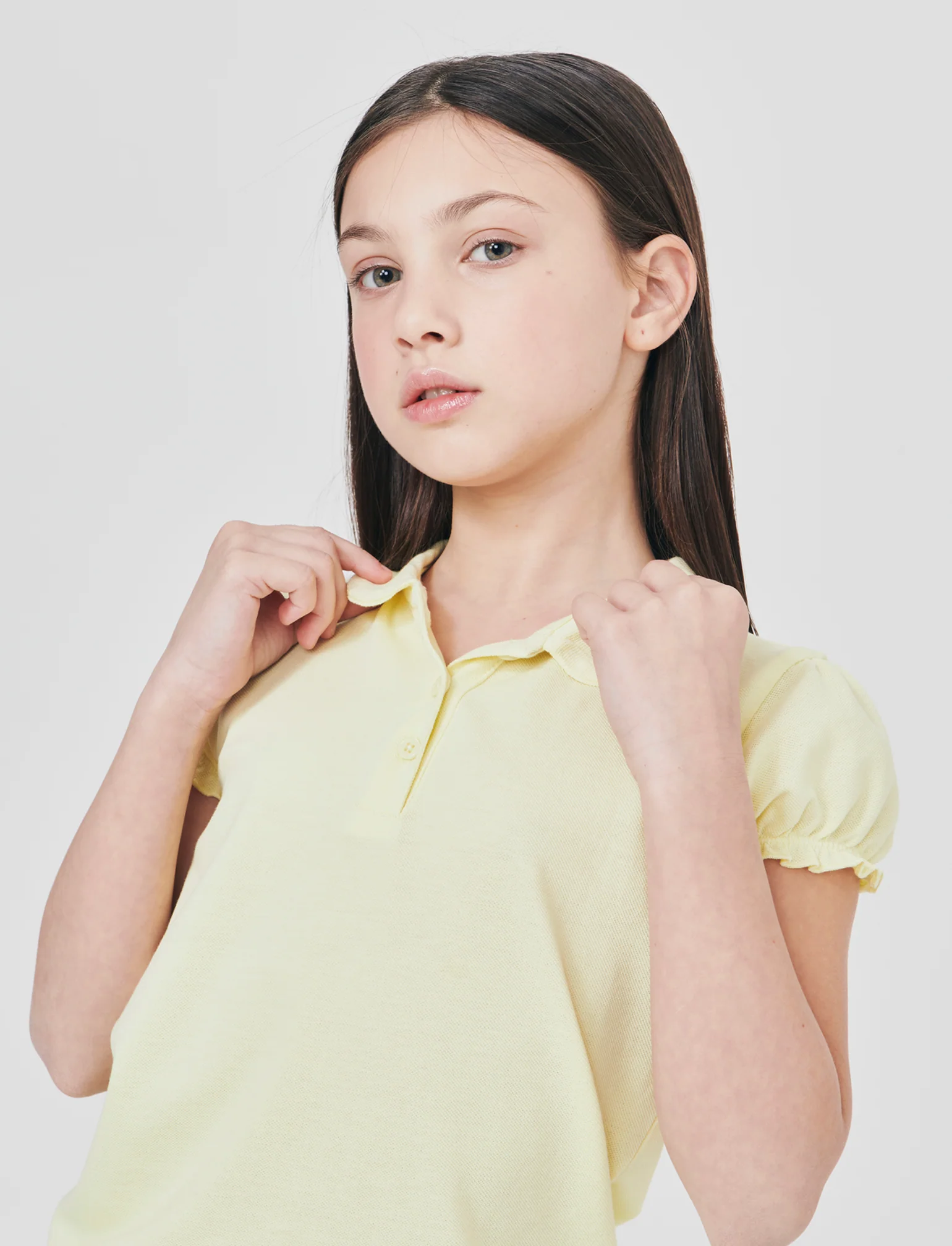 T-shirt polo cotone bambina con maniche arricciate - Giallo - Image 4