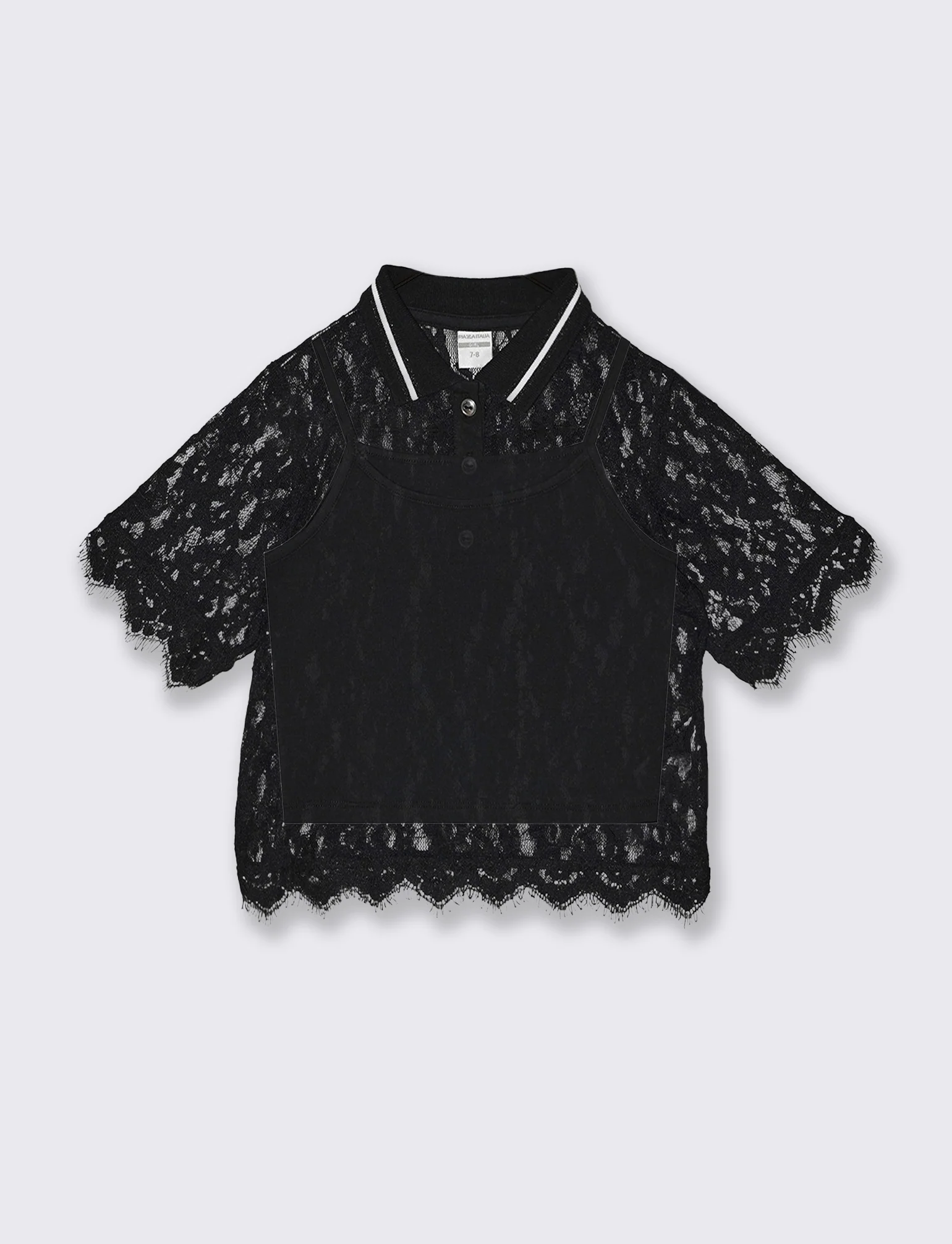 T-shirt polo doppio strato in pizzo - Nero