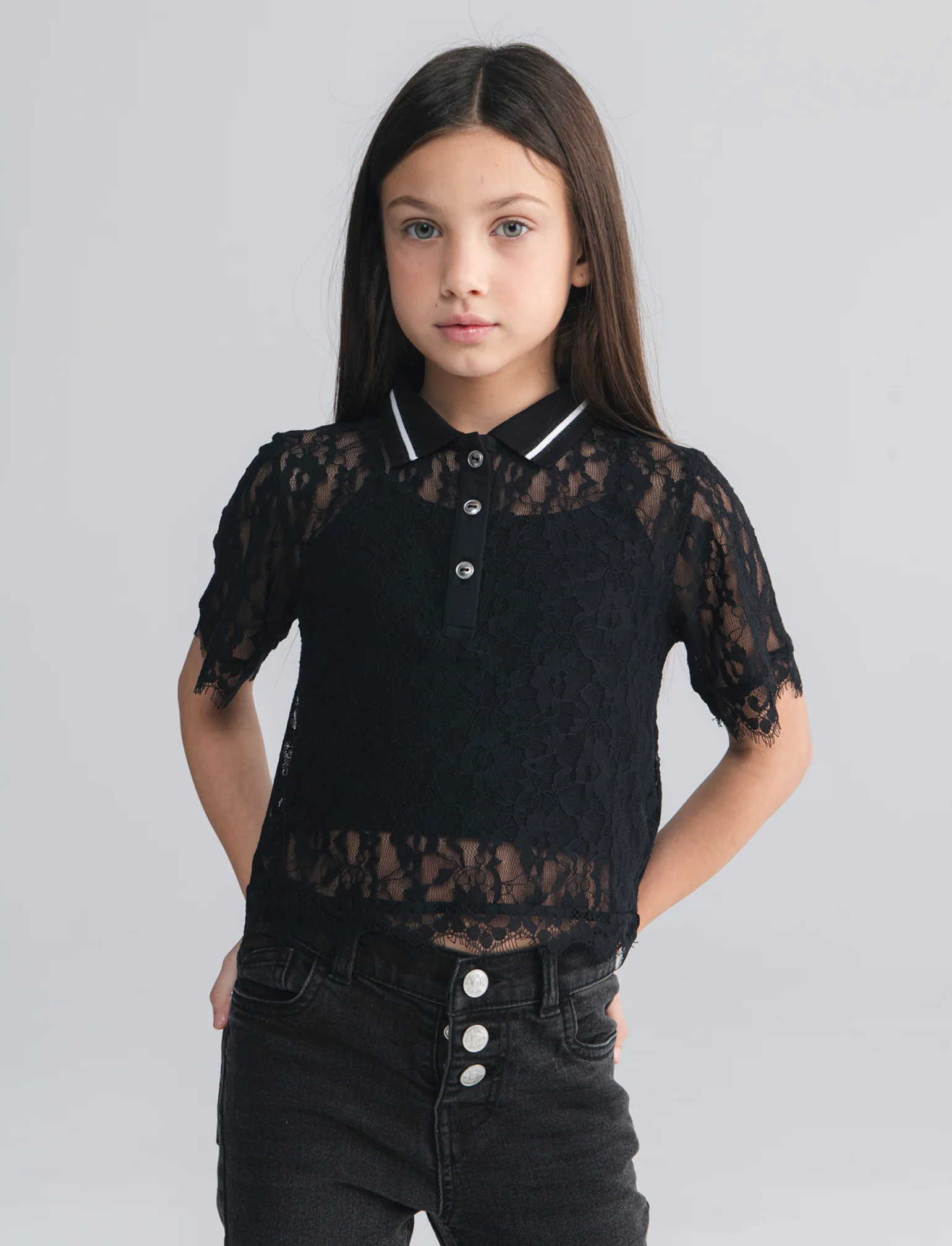 T-shirt polo doppio strato in pizzo - Nero - Image 3
