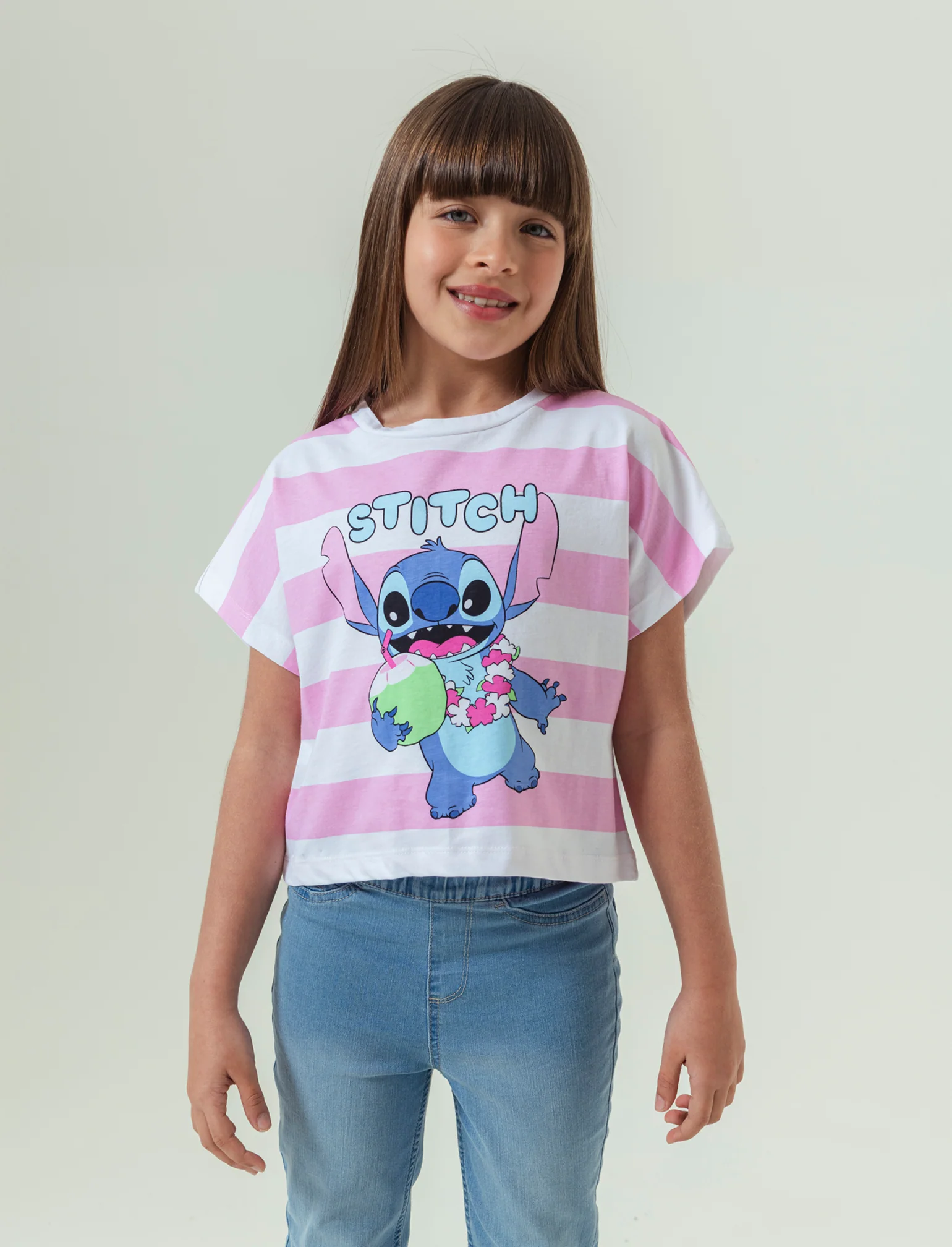 T-shirt rigata con stampa Stitch da bambina - Righe