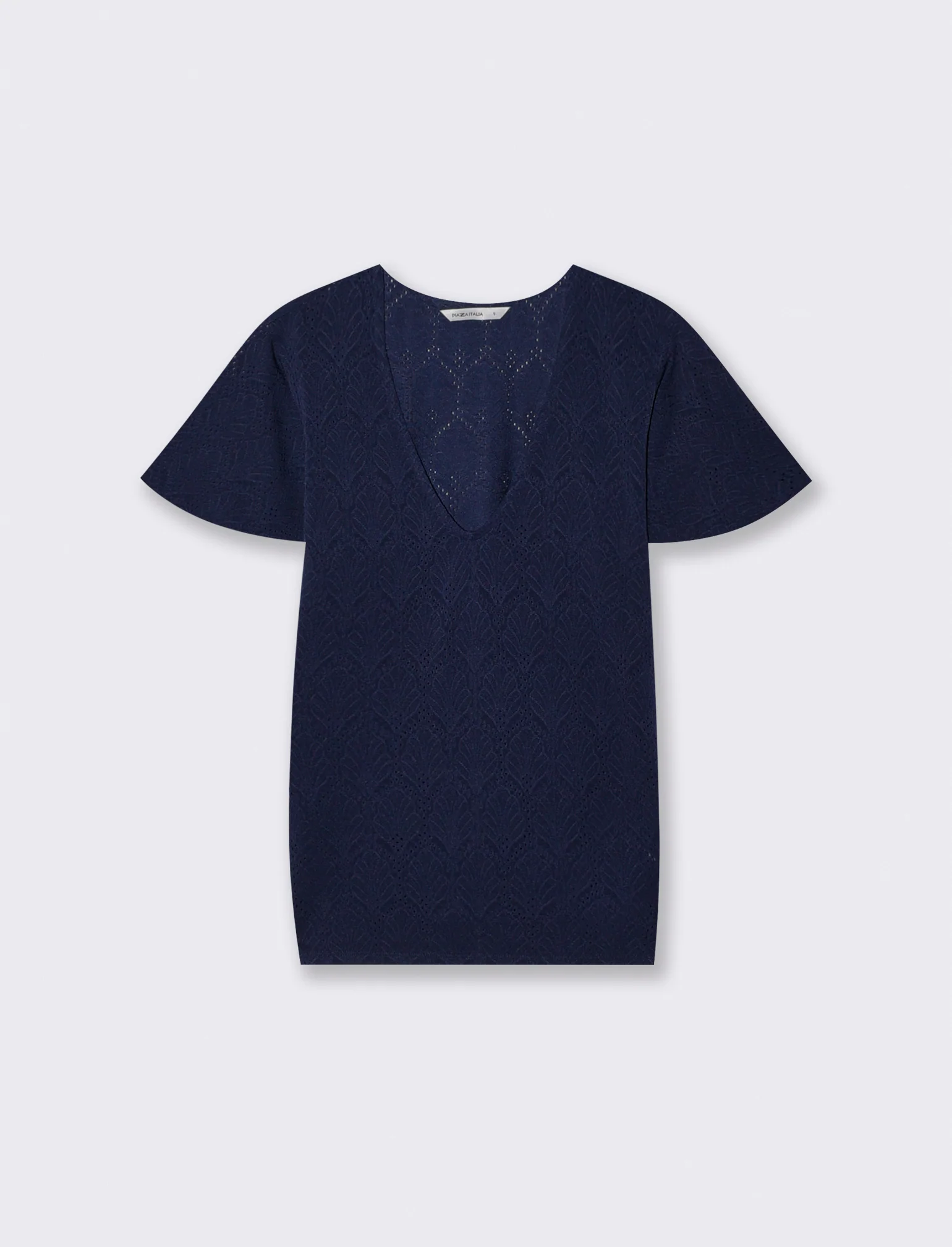 T-Shirt Scollo a V con Manica a Volant - Blu