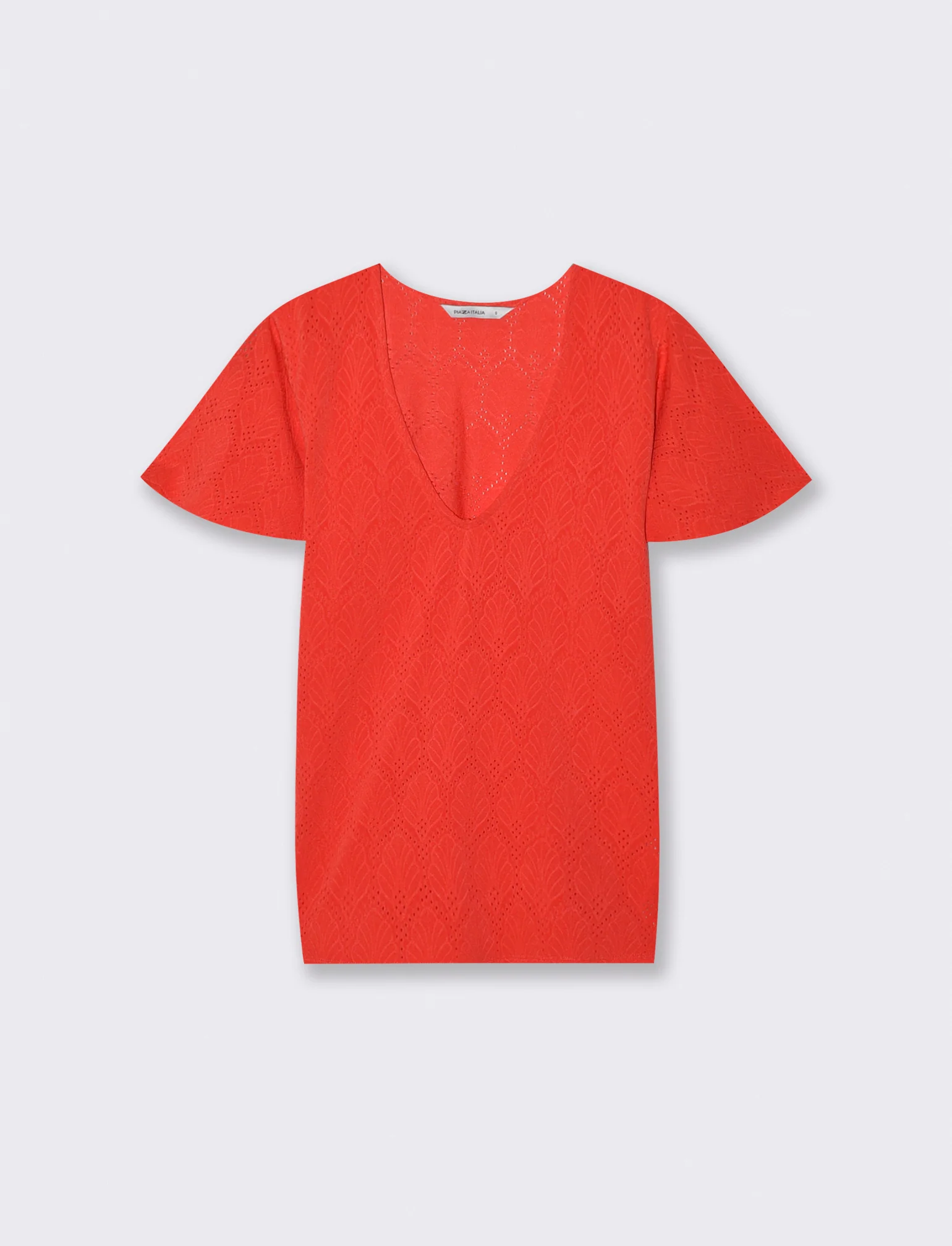 T-Shirt Scollo a V con Manica a Volant - Corallo