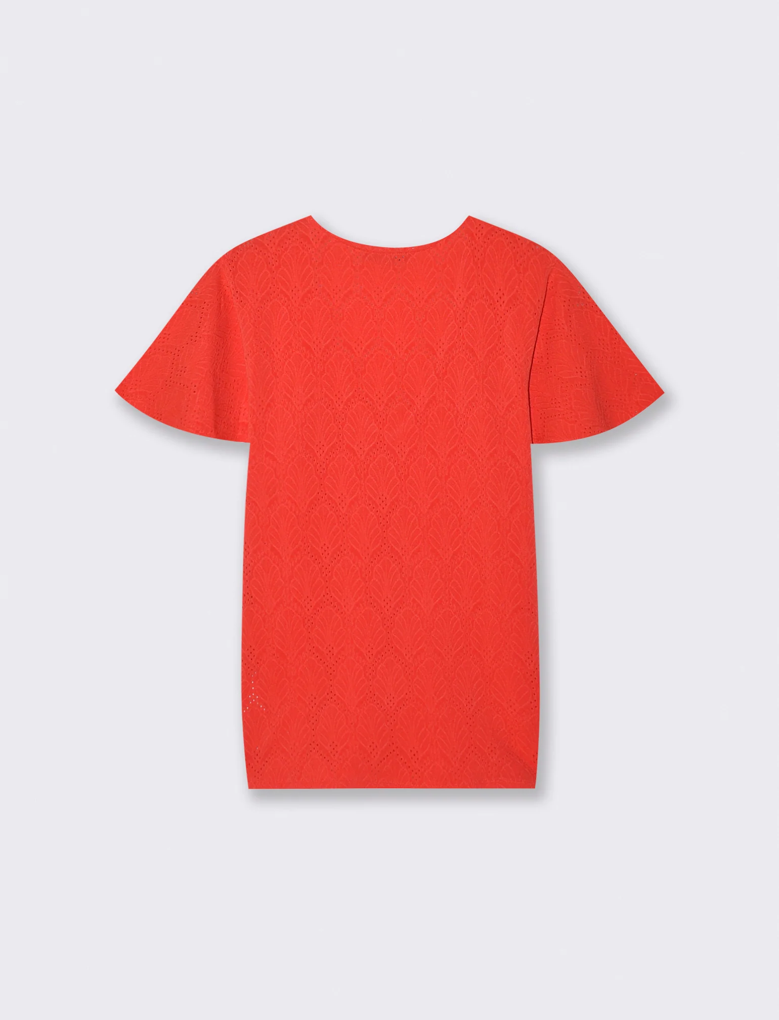 T-Shirt Scollo a V con Manica a Volant - Corallo - Image 2