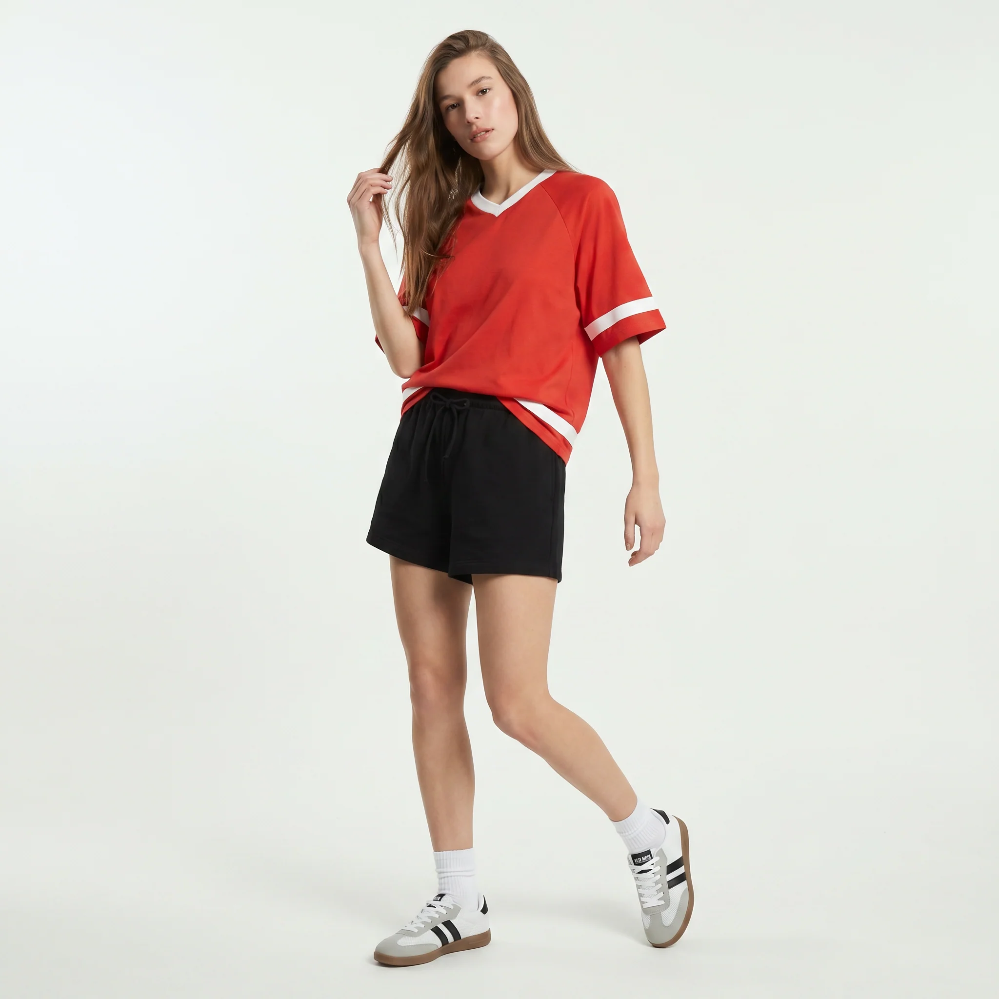T-Shirt Scollo a V con Stampa - Corallo - Image 3