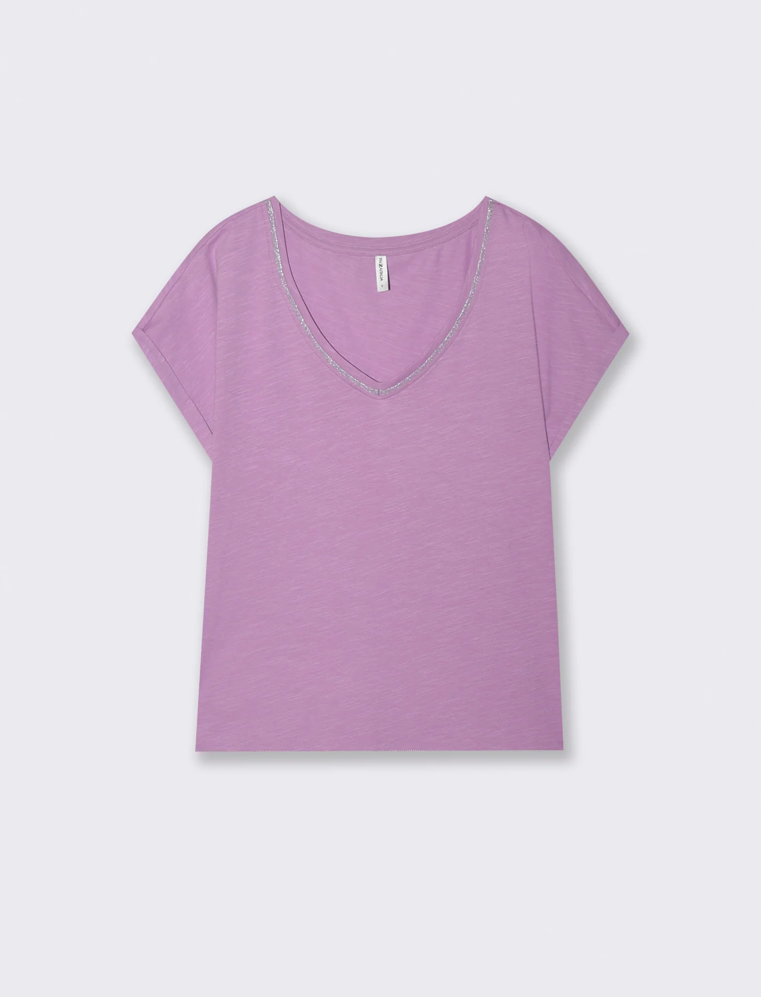 T-Shirt Scollo a V in Cotone Lurex - Viola malva