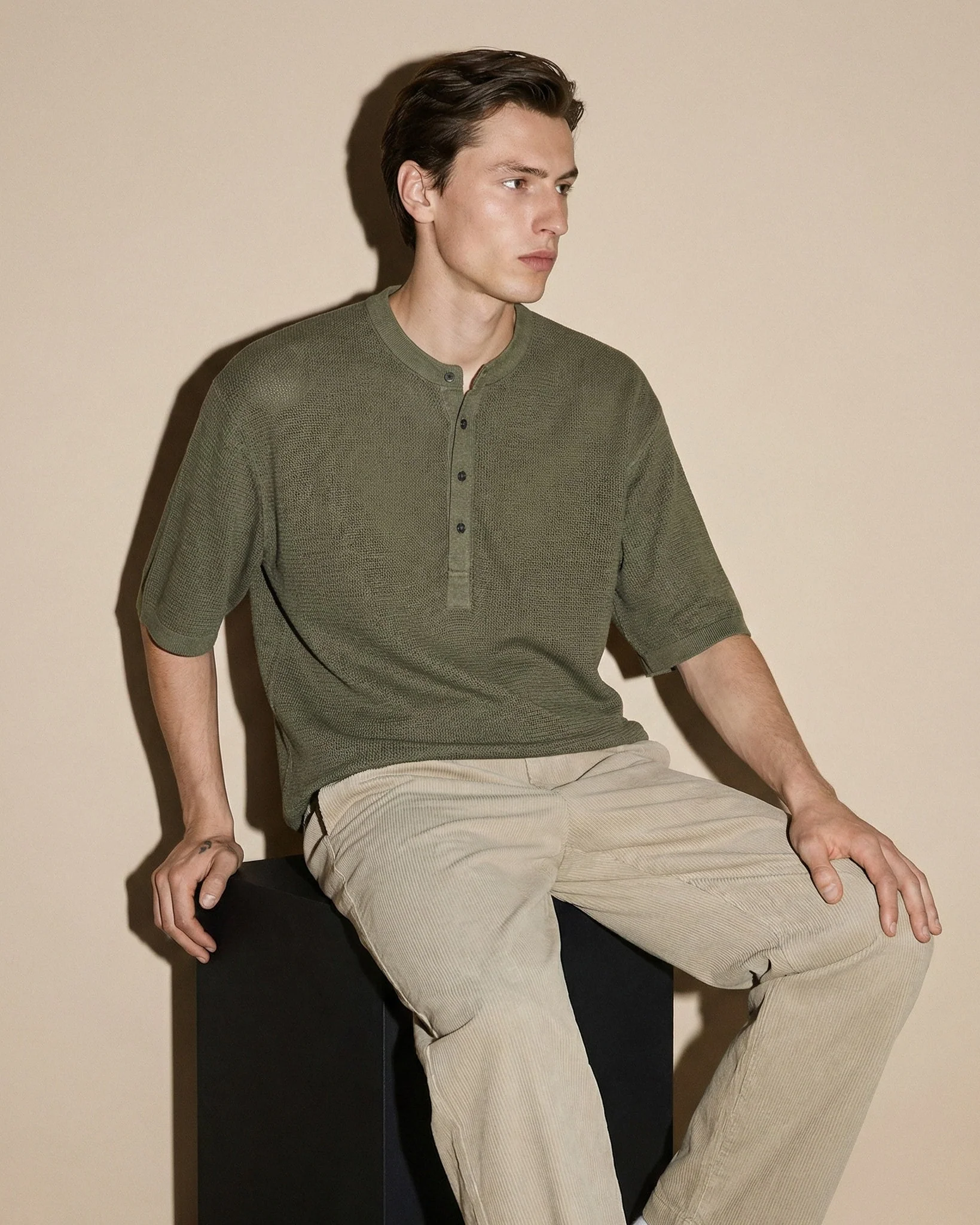 T-SHIRT SERAFINO IN TESSUTO DOBBY - Verde oliva - Image 3