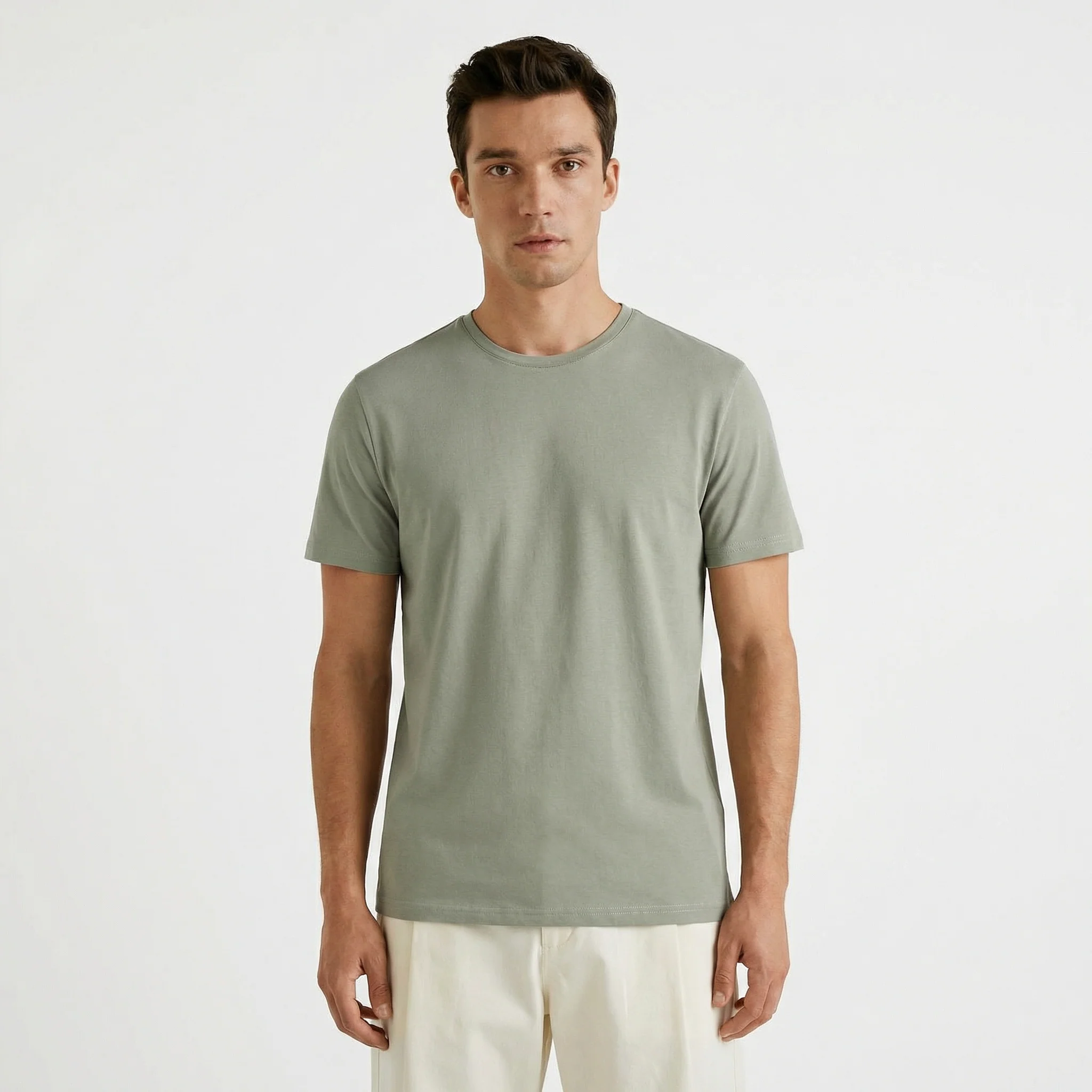 T-shirt slim fit in cotone elasticizzato - Verde salvia - Image 4