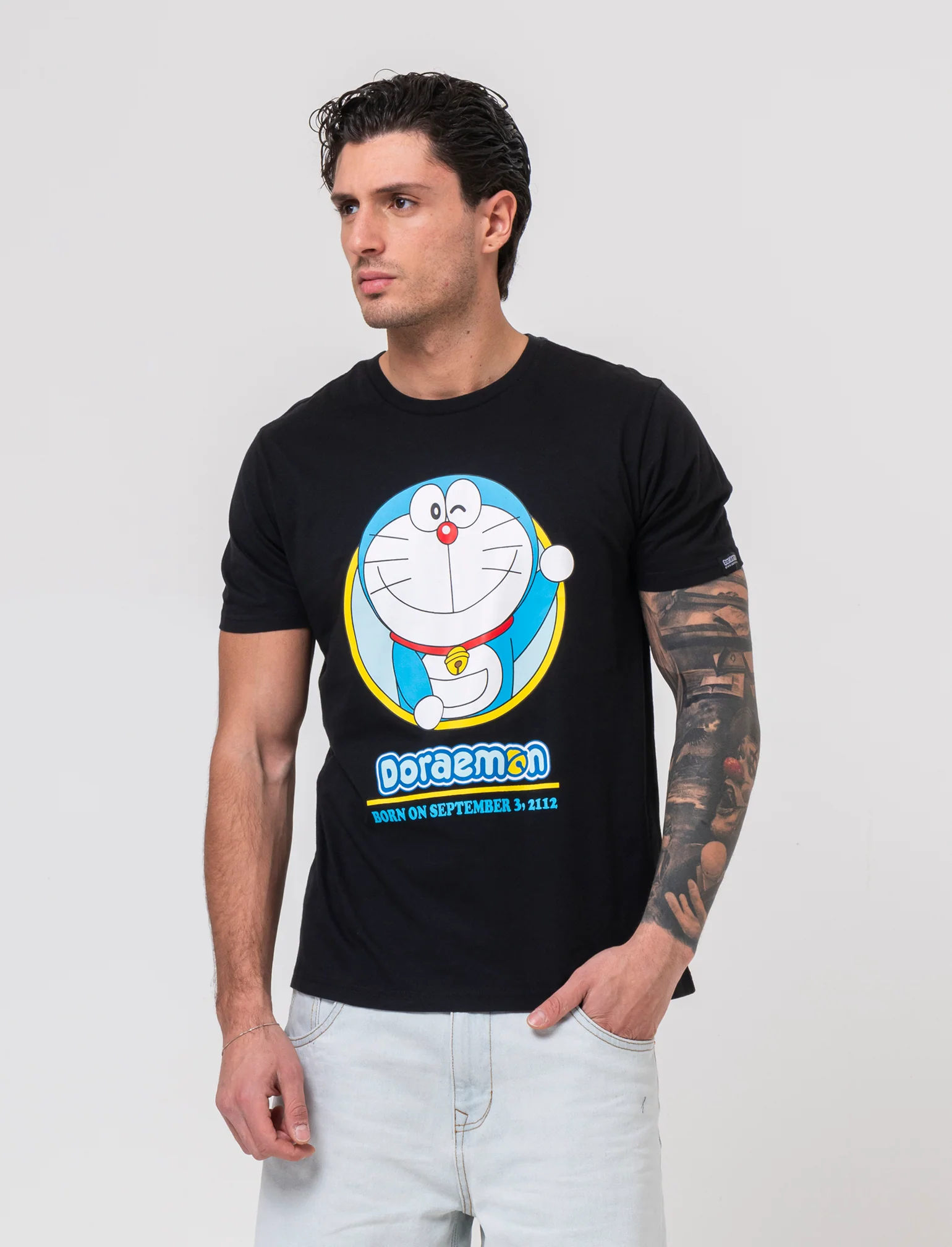 T-shirt stampa doraemon da uomo - Nero