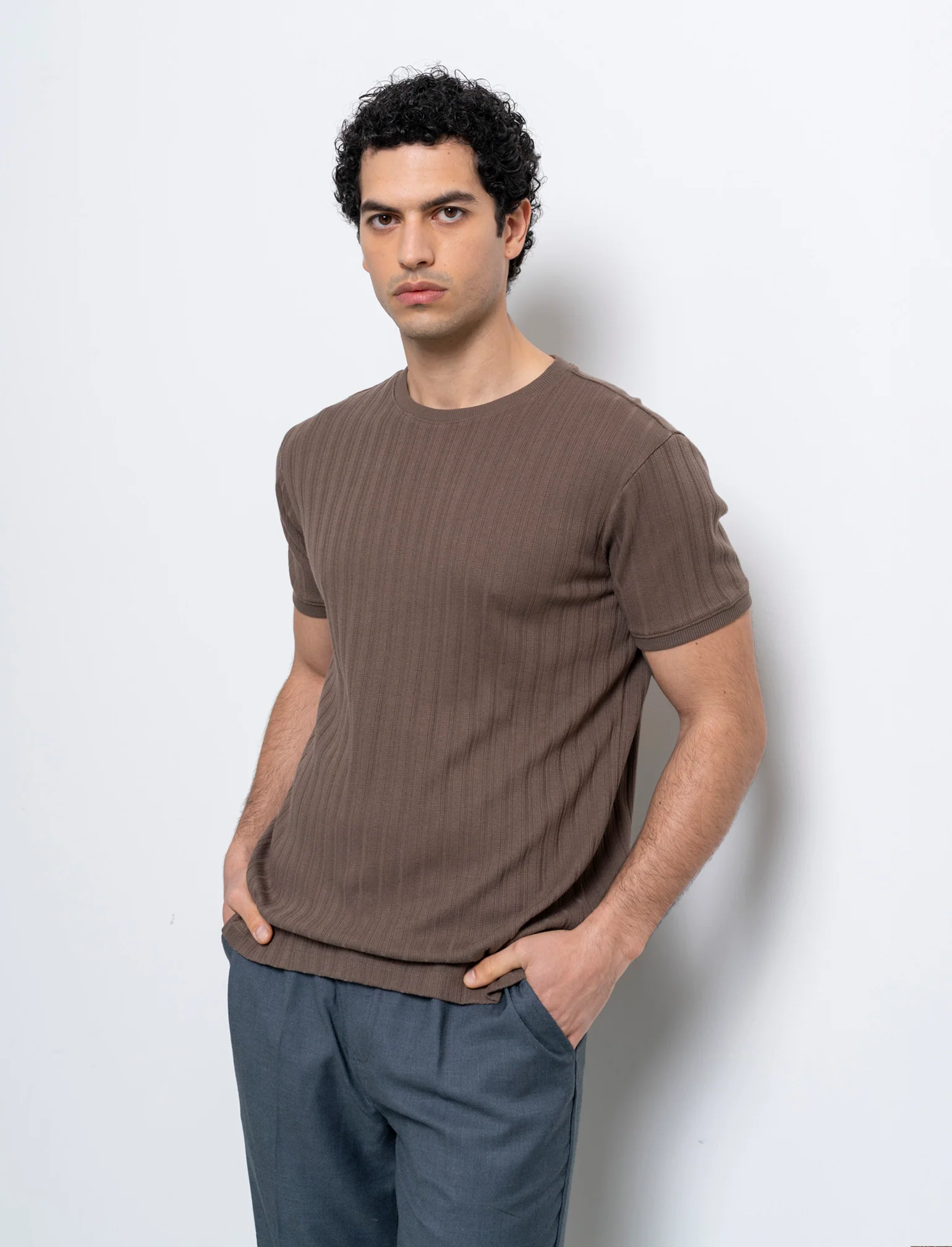 T-shirt struttura jacquard effetto maglia da uomo - Grigio fango
