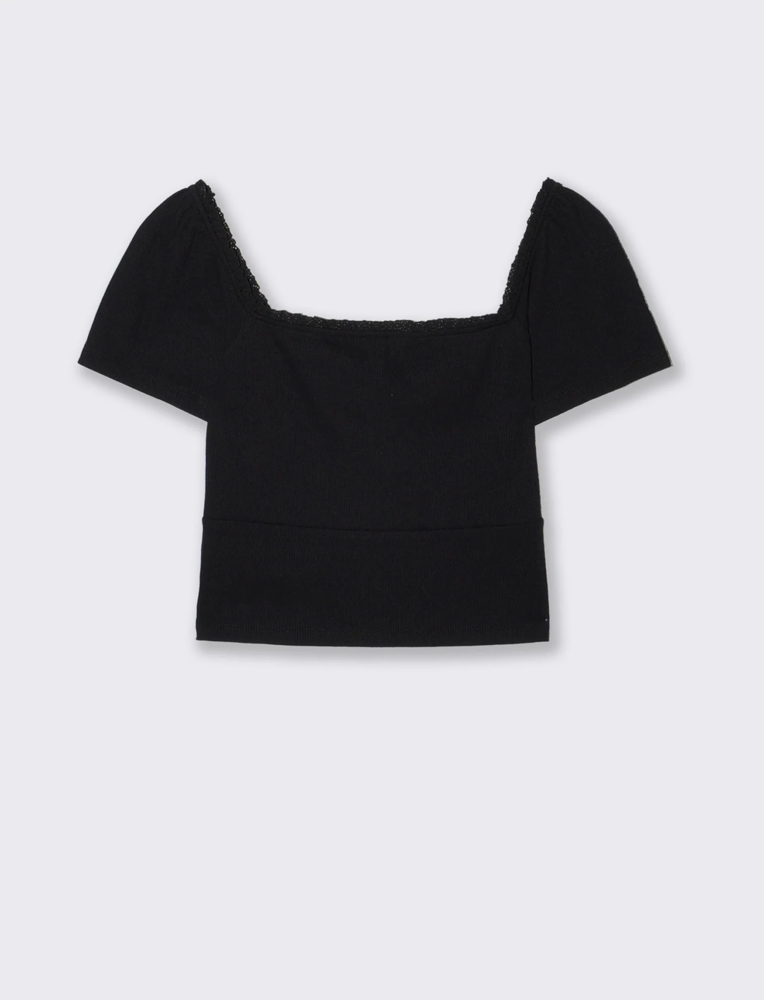 Top arricciato con manica corta slim - Nero - Image 2