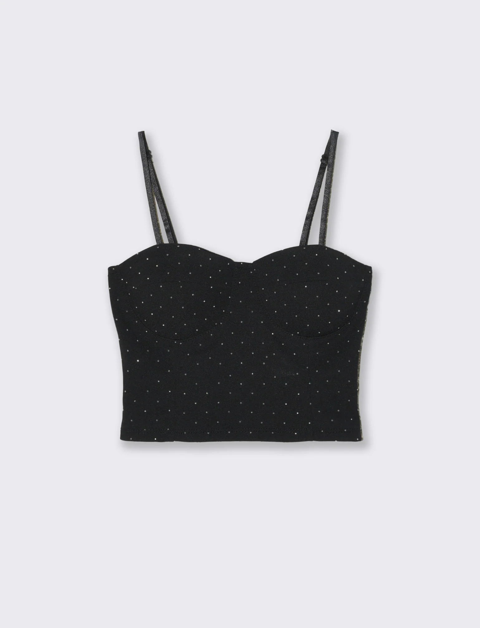 Top con coppe su tessuto strass elastico - Nero