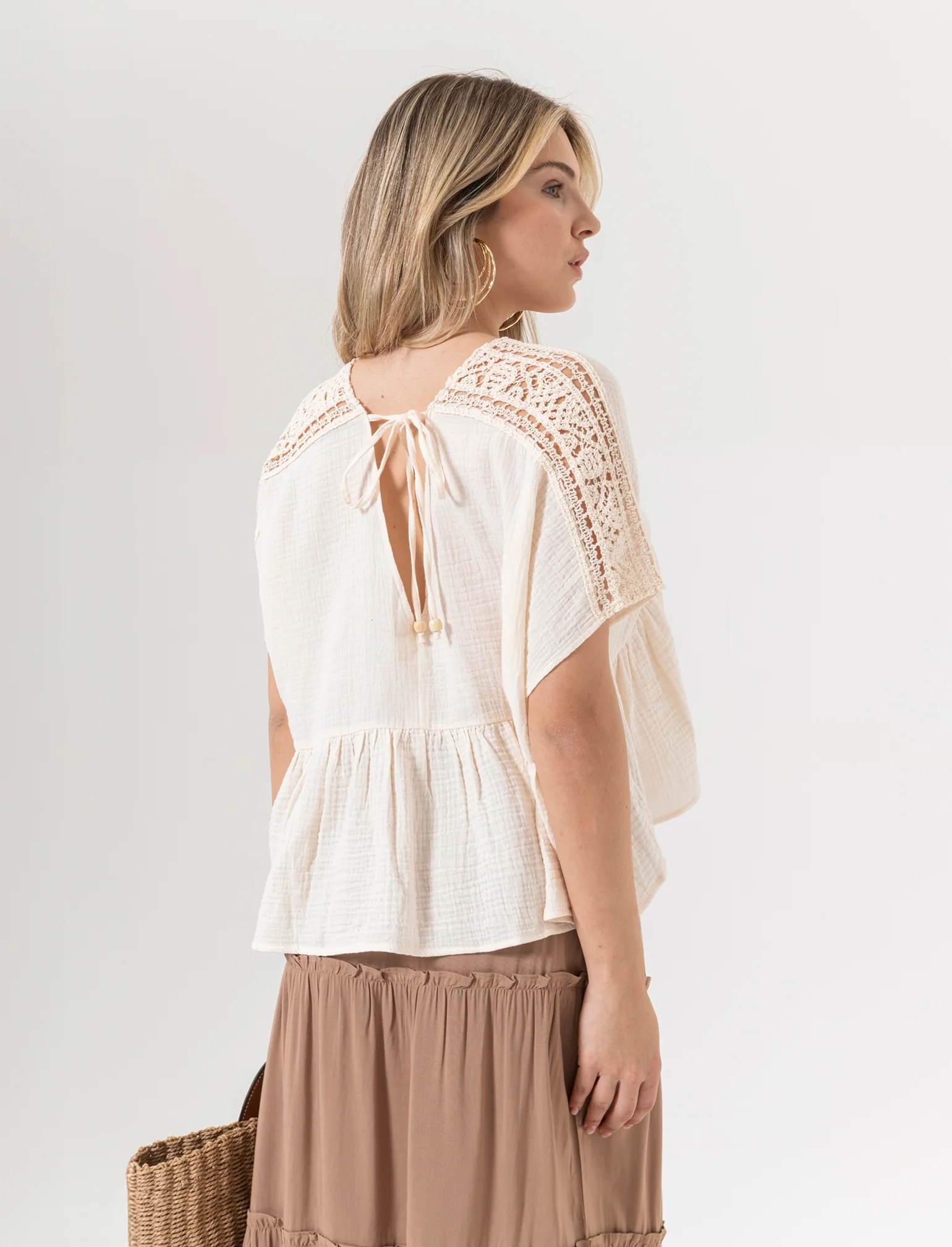 Top con inserto di pizzo da donna - Avorio - Image 2