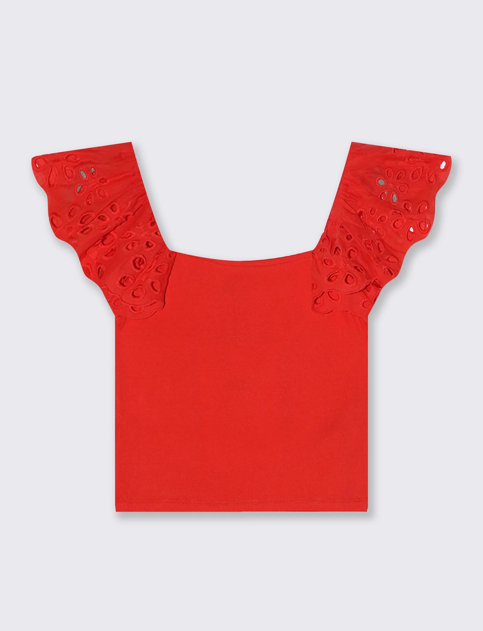 Top con pizzo e scollo quadrato a coste - Corallo