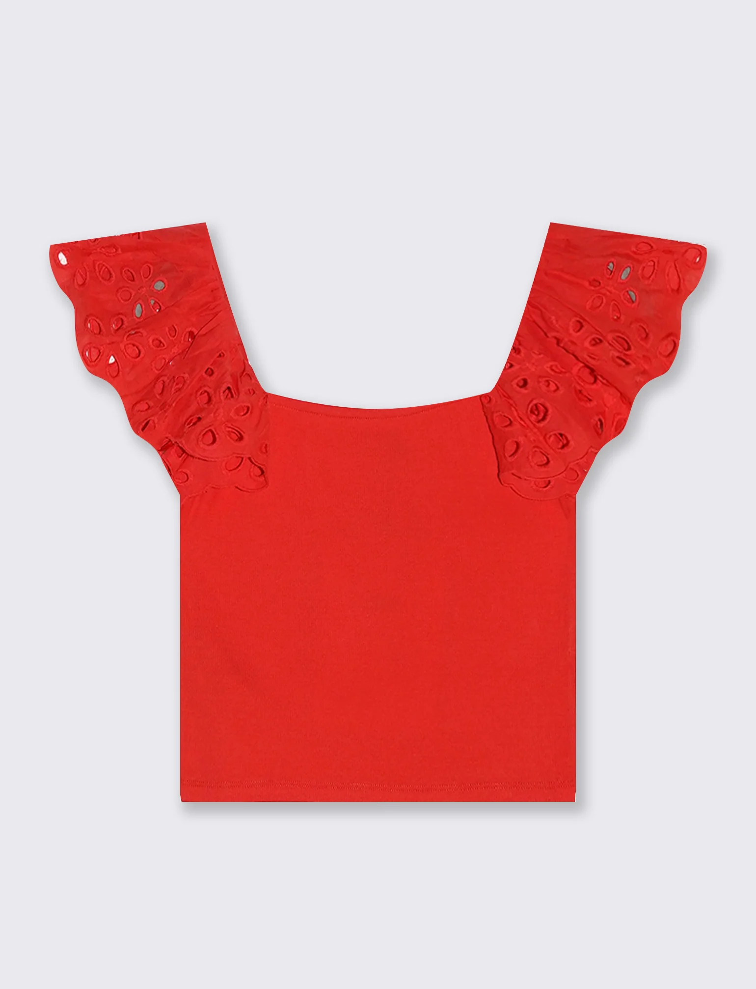 Top con pizzo e scollo quadrato a coste - Corallo - Image 2