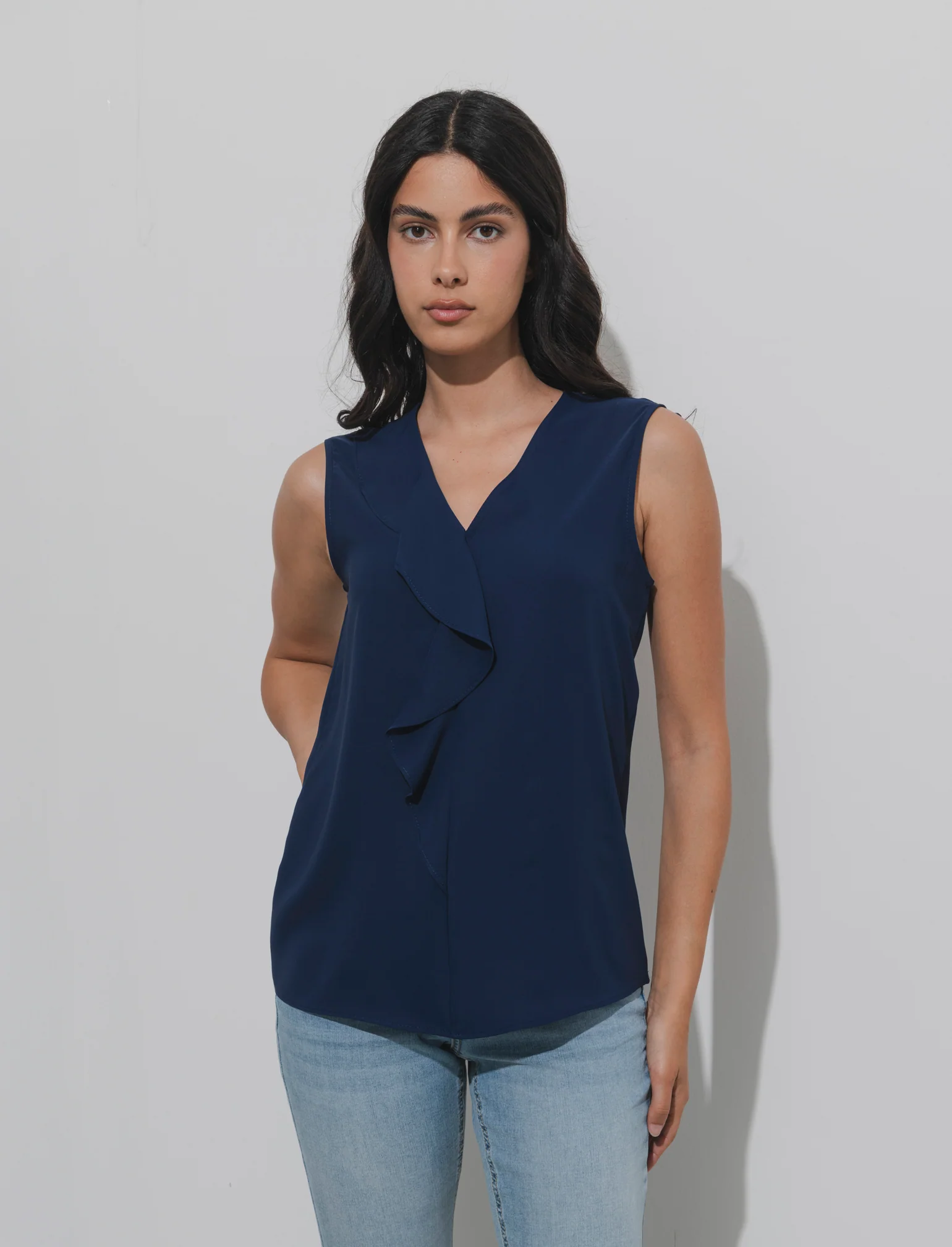 Top con rouches sul davanti - Blu - Image 3