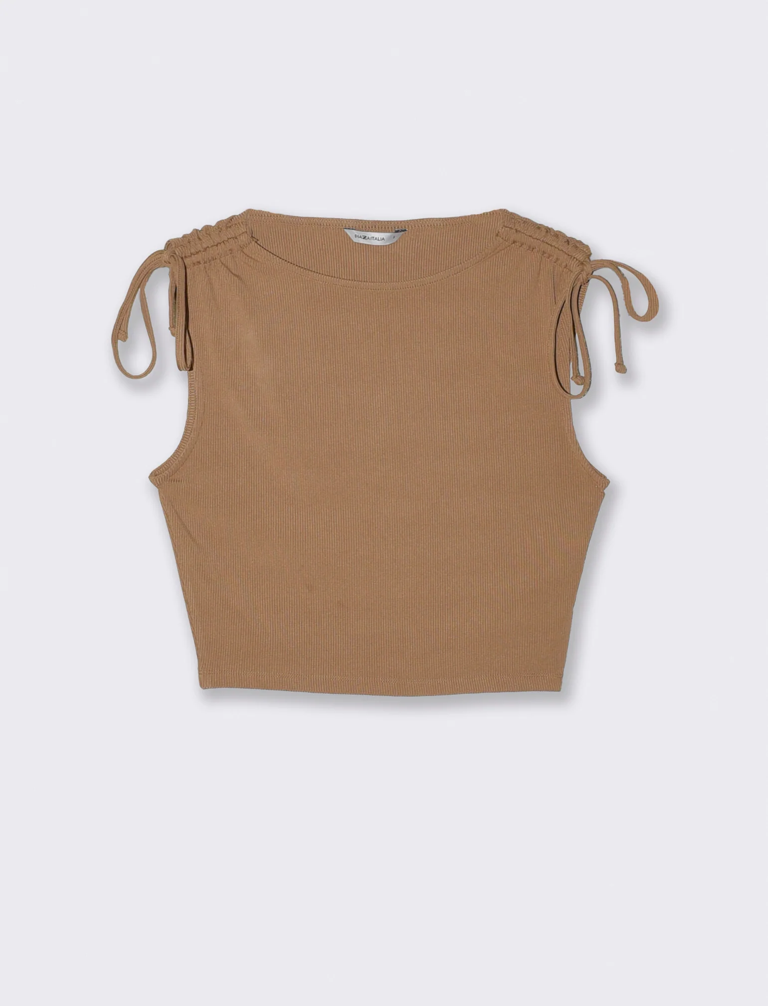 Top con scollo a barca e coulisse - Cammello - Image 2