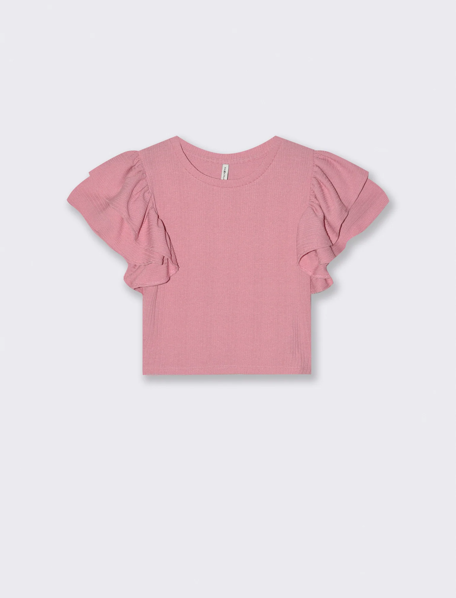 Top corto girocollo con rouches - Rosa polvere