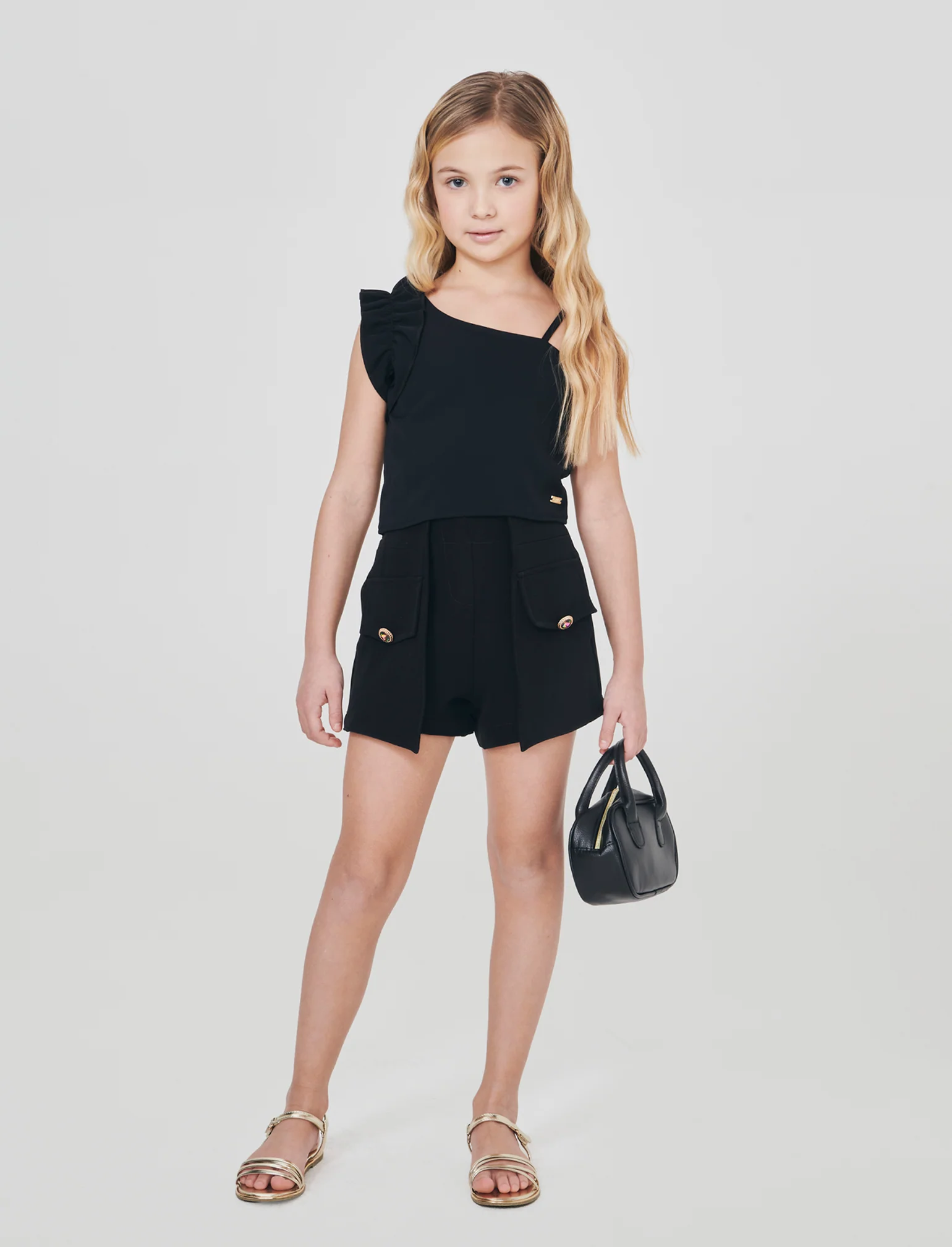 Top cropped monospalla elegante con rouches - Nero - Image 3