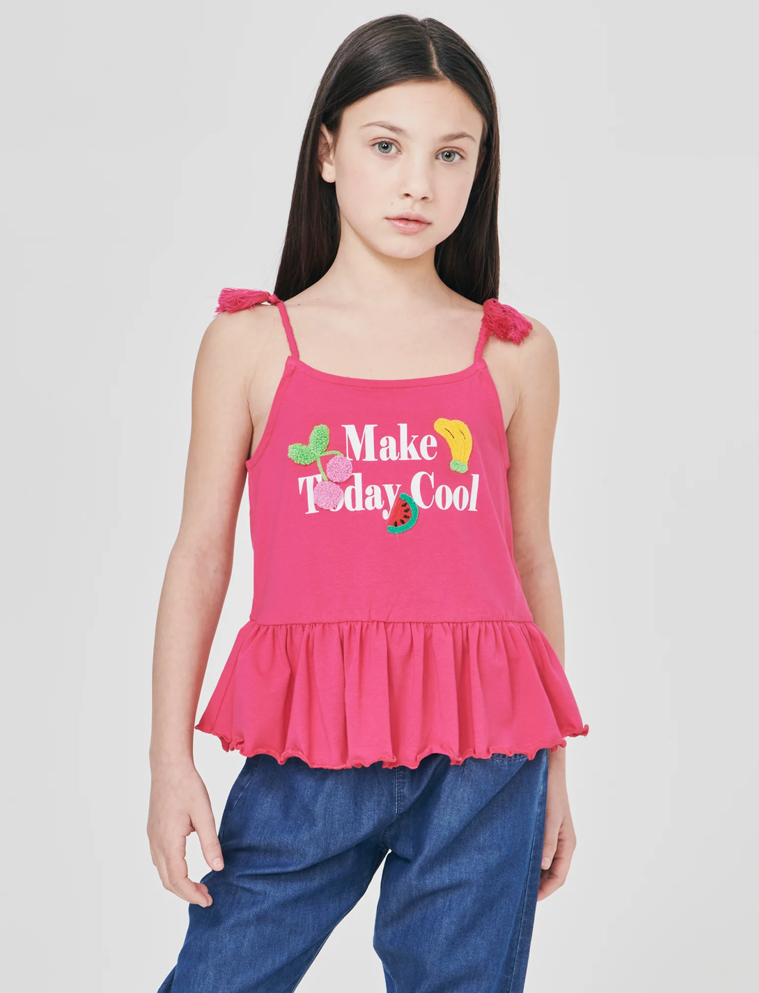 Top in cotone con bretelle e patch 3D - Fuxia - Image 3