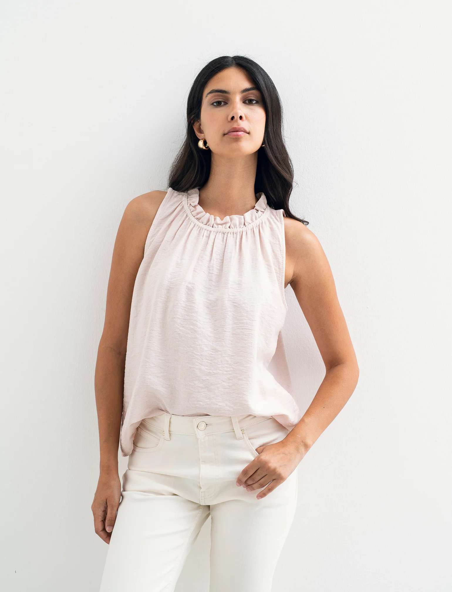 Top in cotone lavato con arriccio sul collo - Rosa