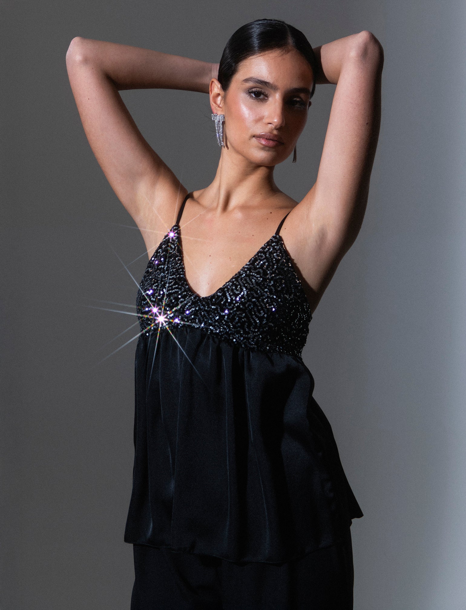 Top in paillettes e georgette - Argento - Image 2