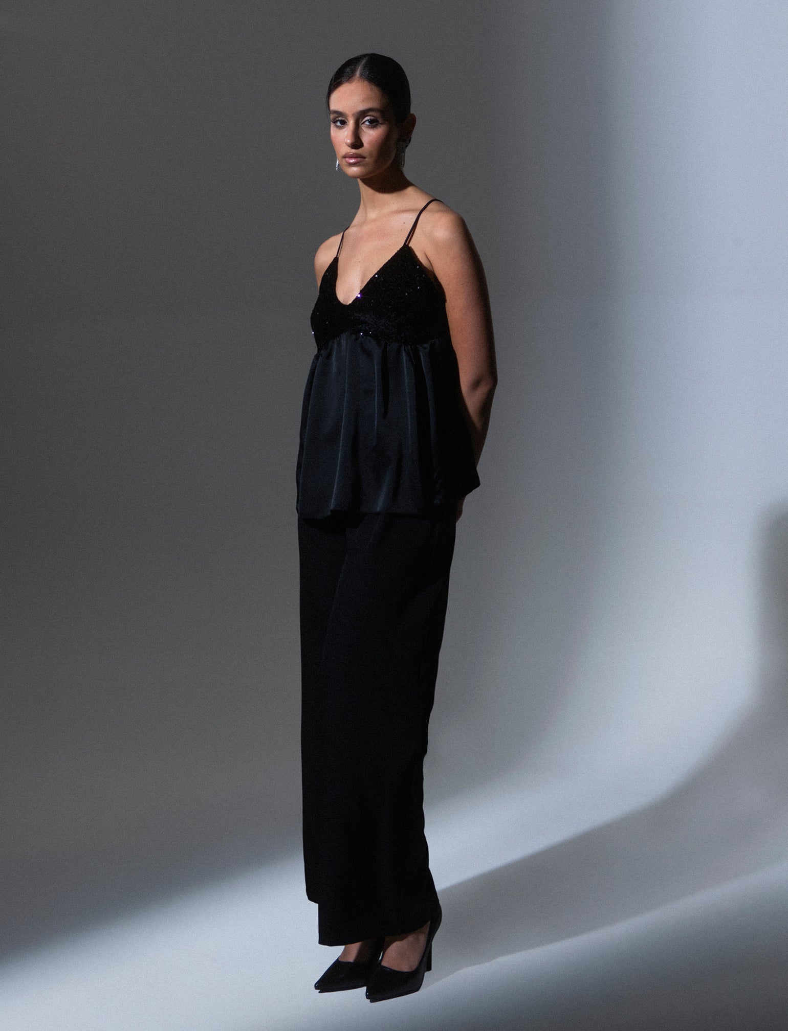 Top in paillettes e georgette - Nero - Image 4