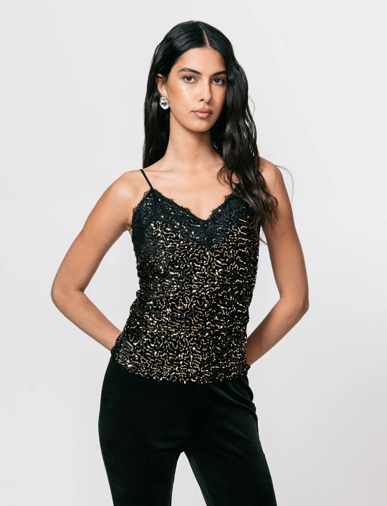 Top in paillettes e pizzo - Oro - Image 3