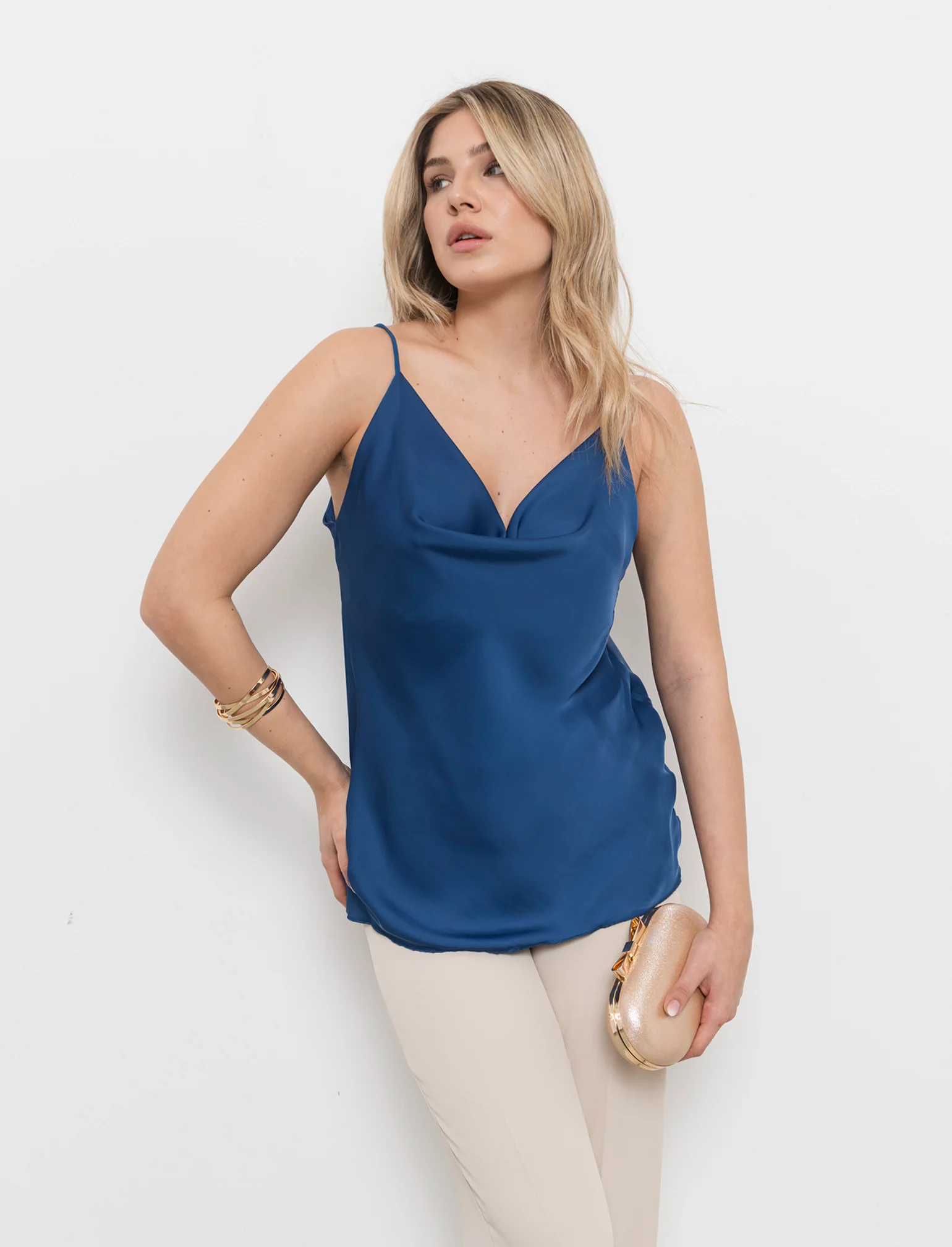 Top raso con bretelline elastiche - Denim - Image 2