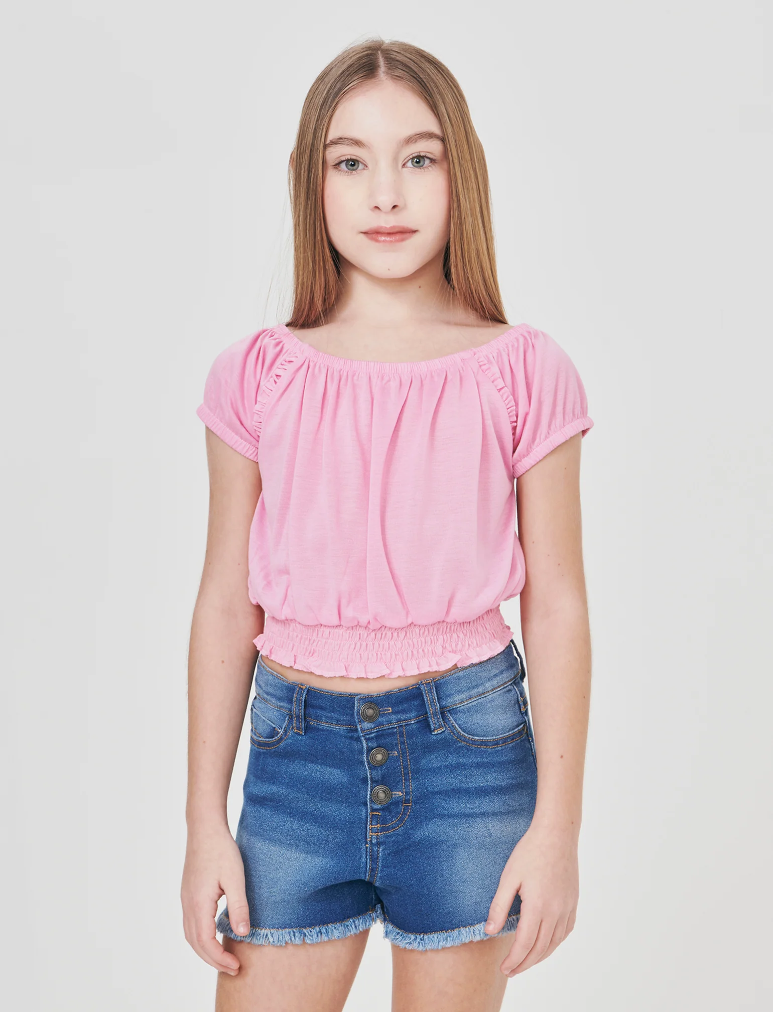 Top scollo a barca con elastico arricciato - Rosa