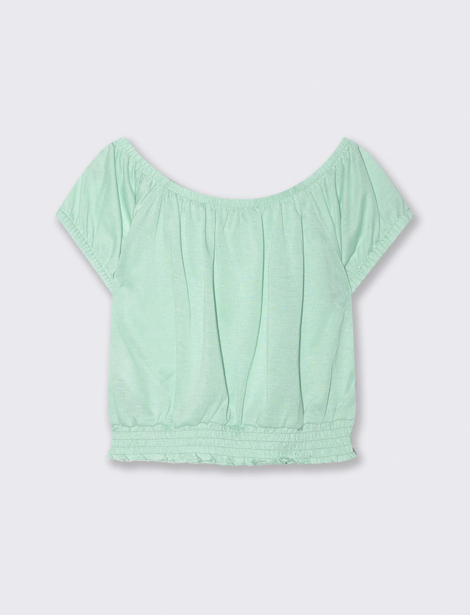Top scollo a barca con elastico arricciato - Verde acqua - Image 2