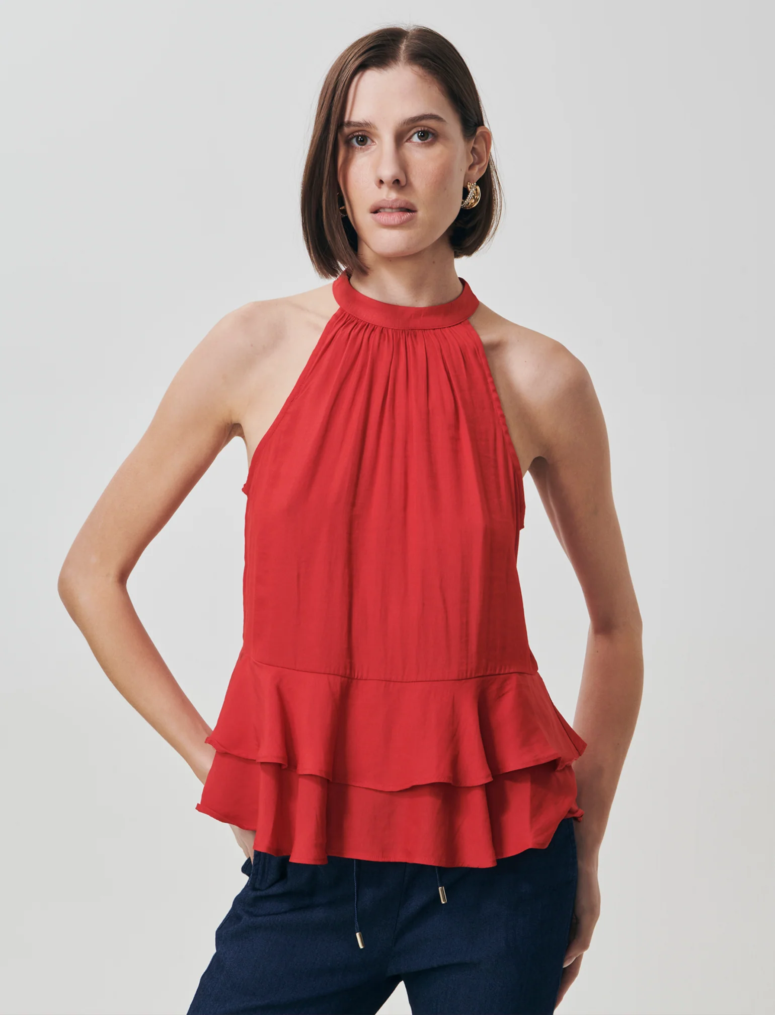 Top smanicato con doppia balza al fondo - Rosso - Image 2