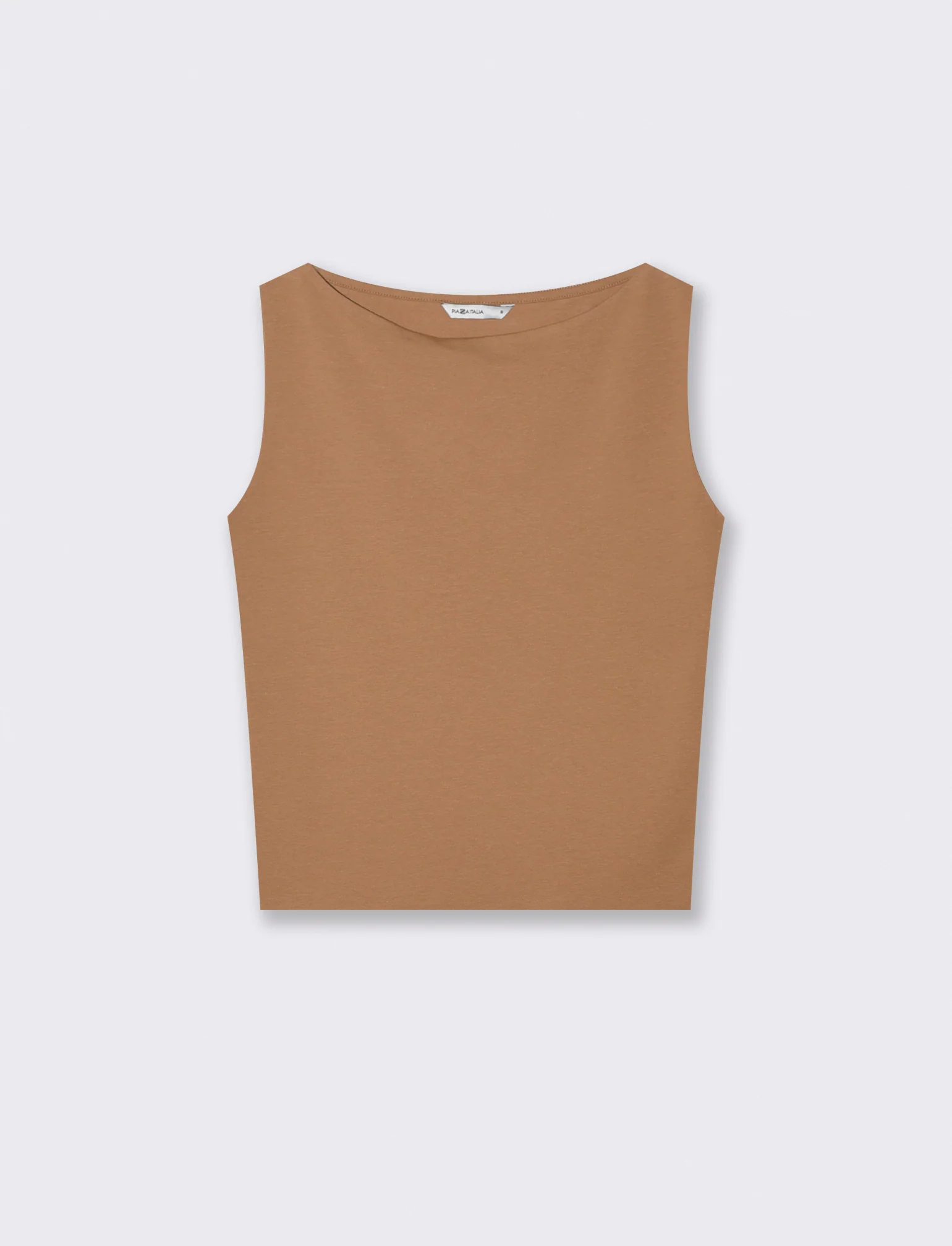 Top smanicato in cotone con scollo barca - Cammello - Image 2
