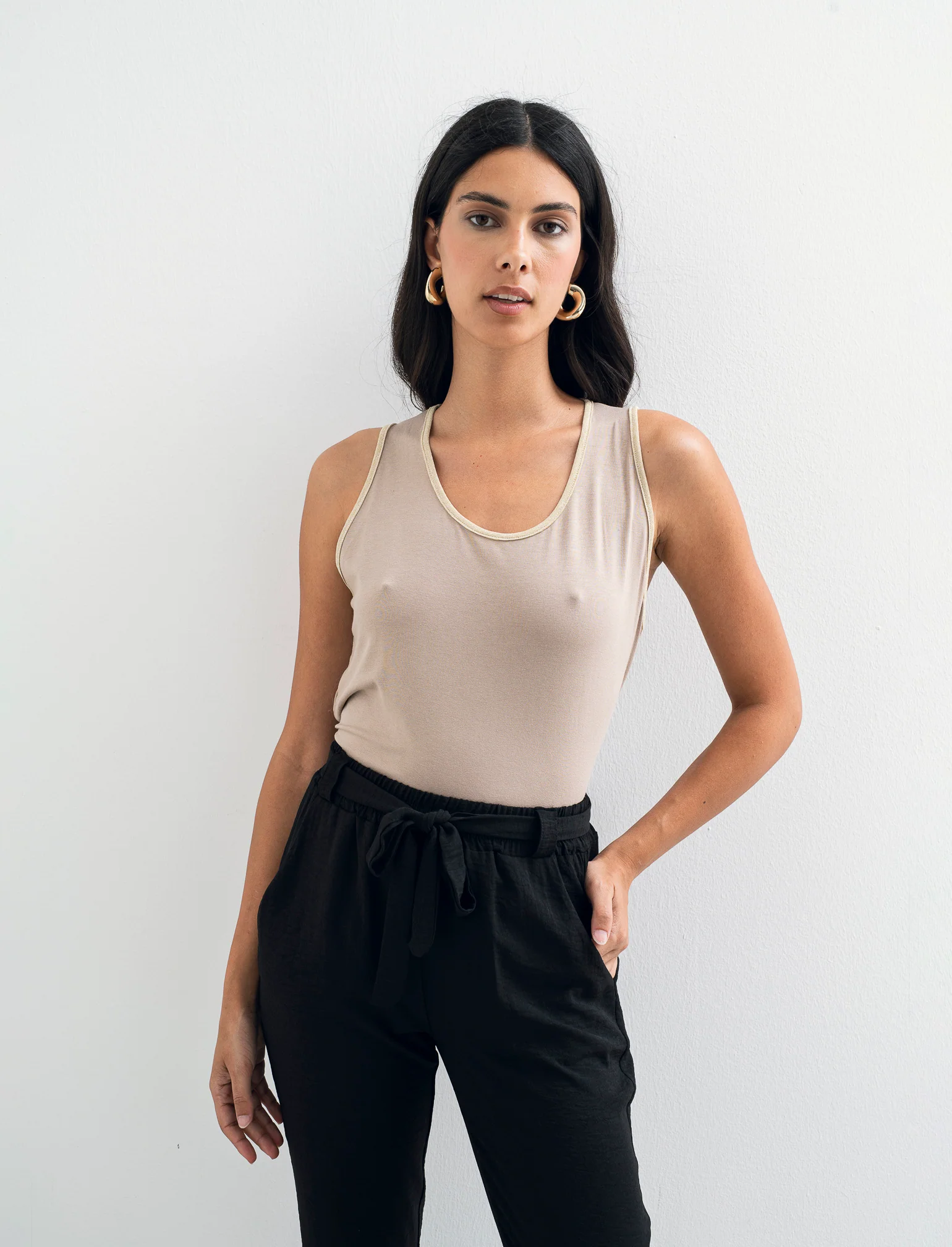 TOP VISCOSA CON DETTAGLI A CONTRASTO LUREX - Beige