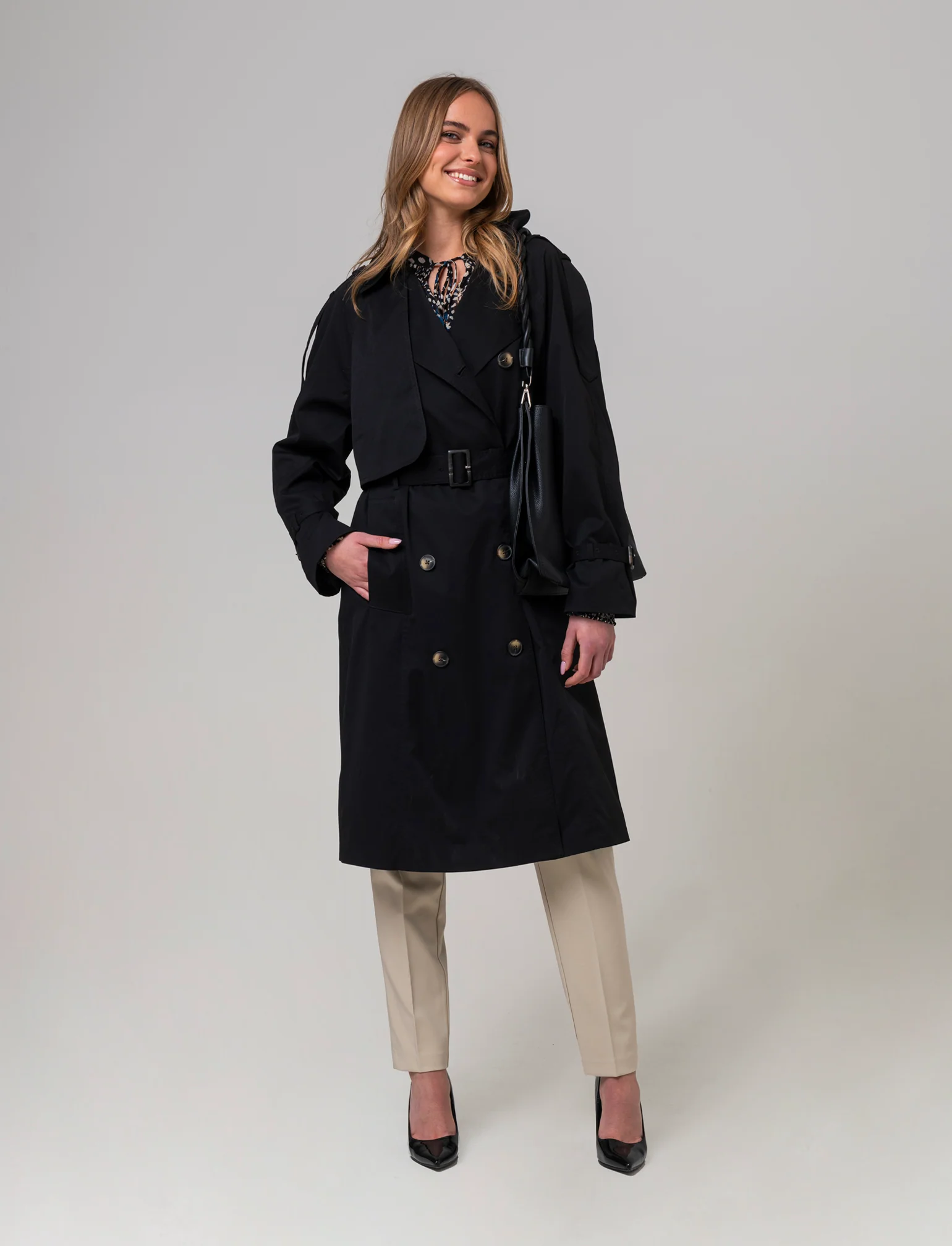 Trench doppio petto da donna - Nero - Image 3