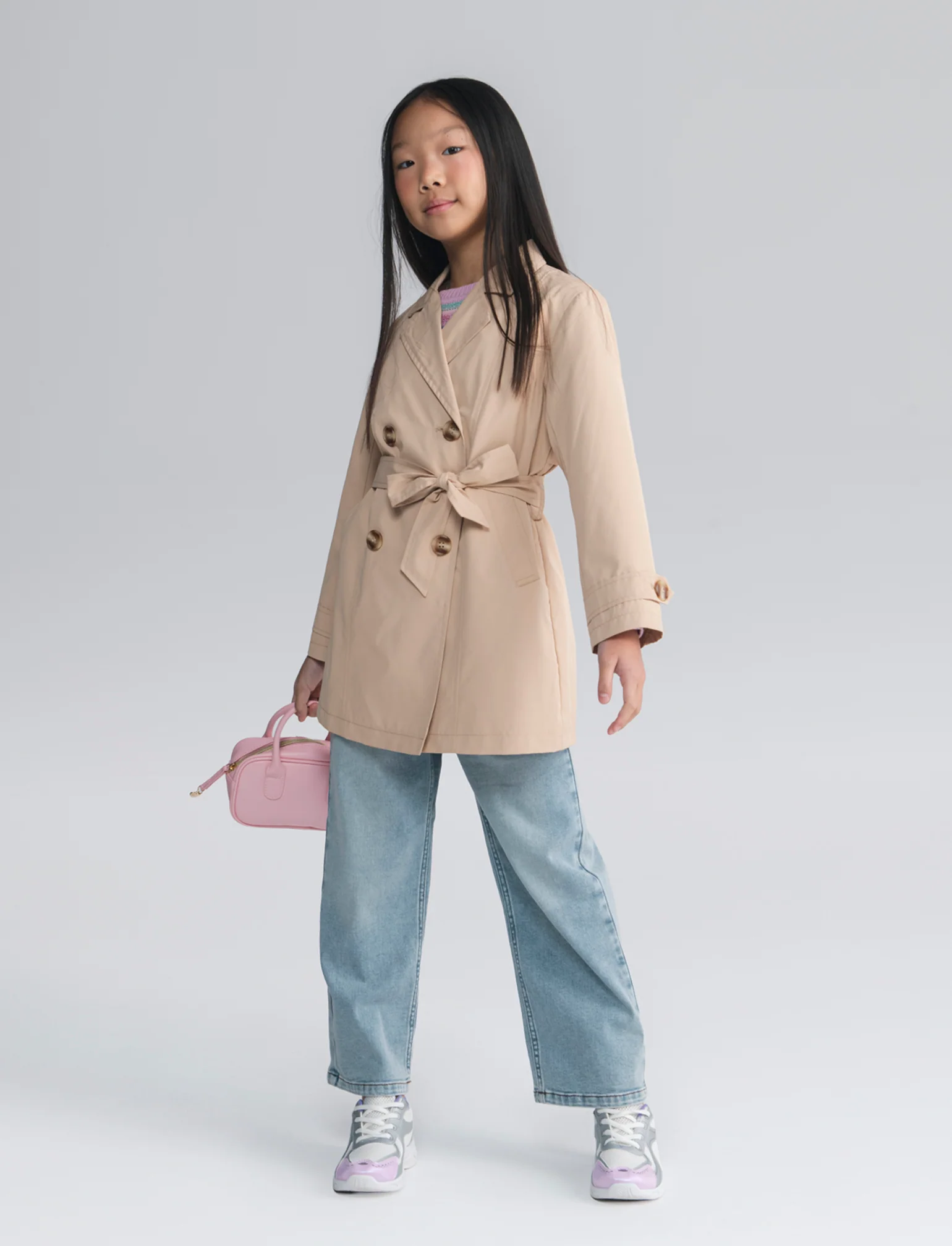Trench doppiopetto sabbia con cintura bambina - Beige - Image 4
