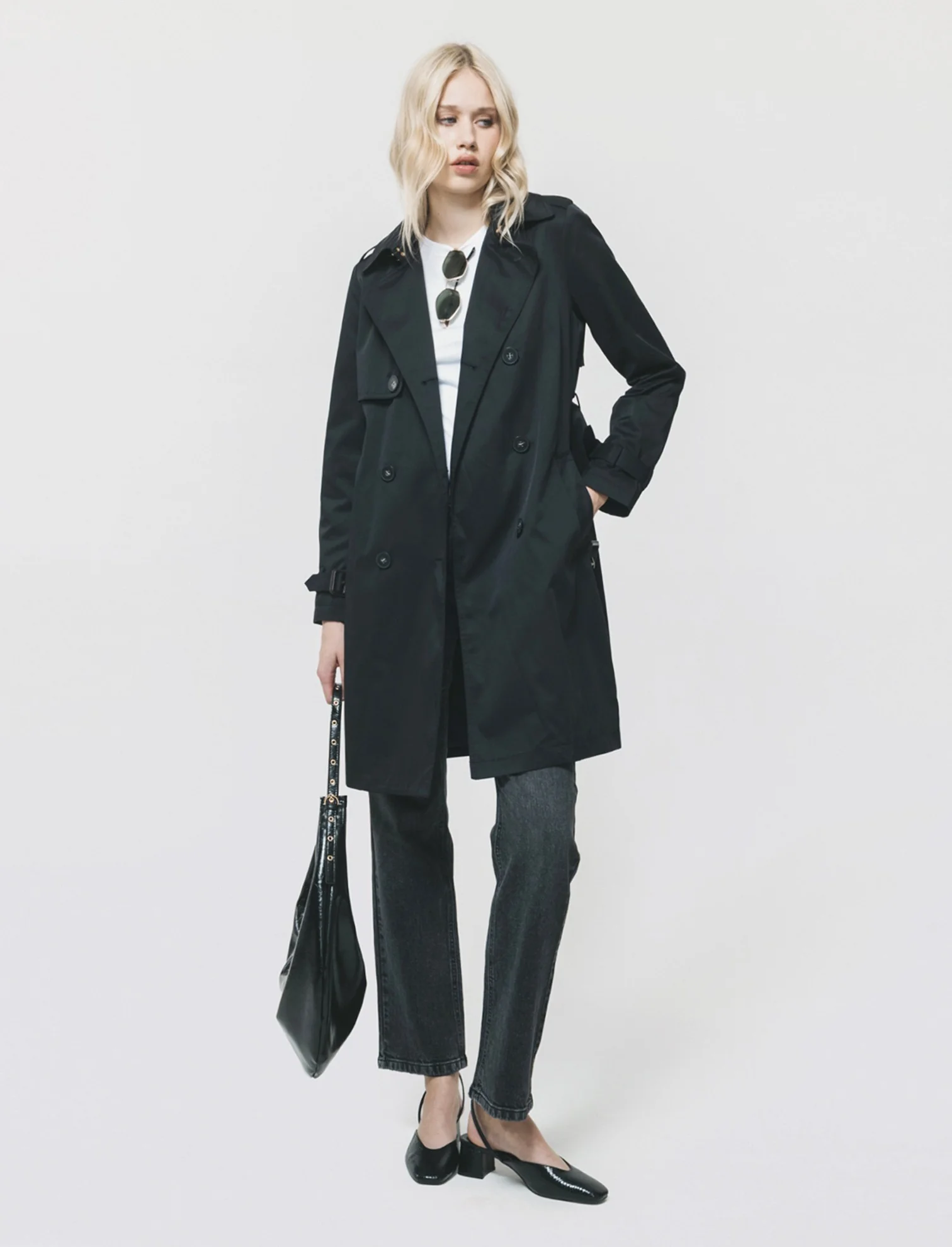 TRENCH LUNGO CON CINTURA E TASCHINI - Nero - Image 3