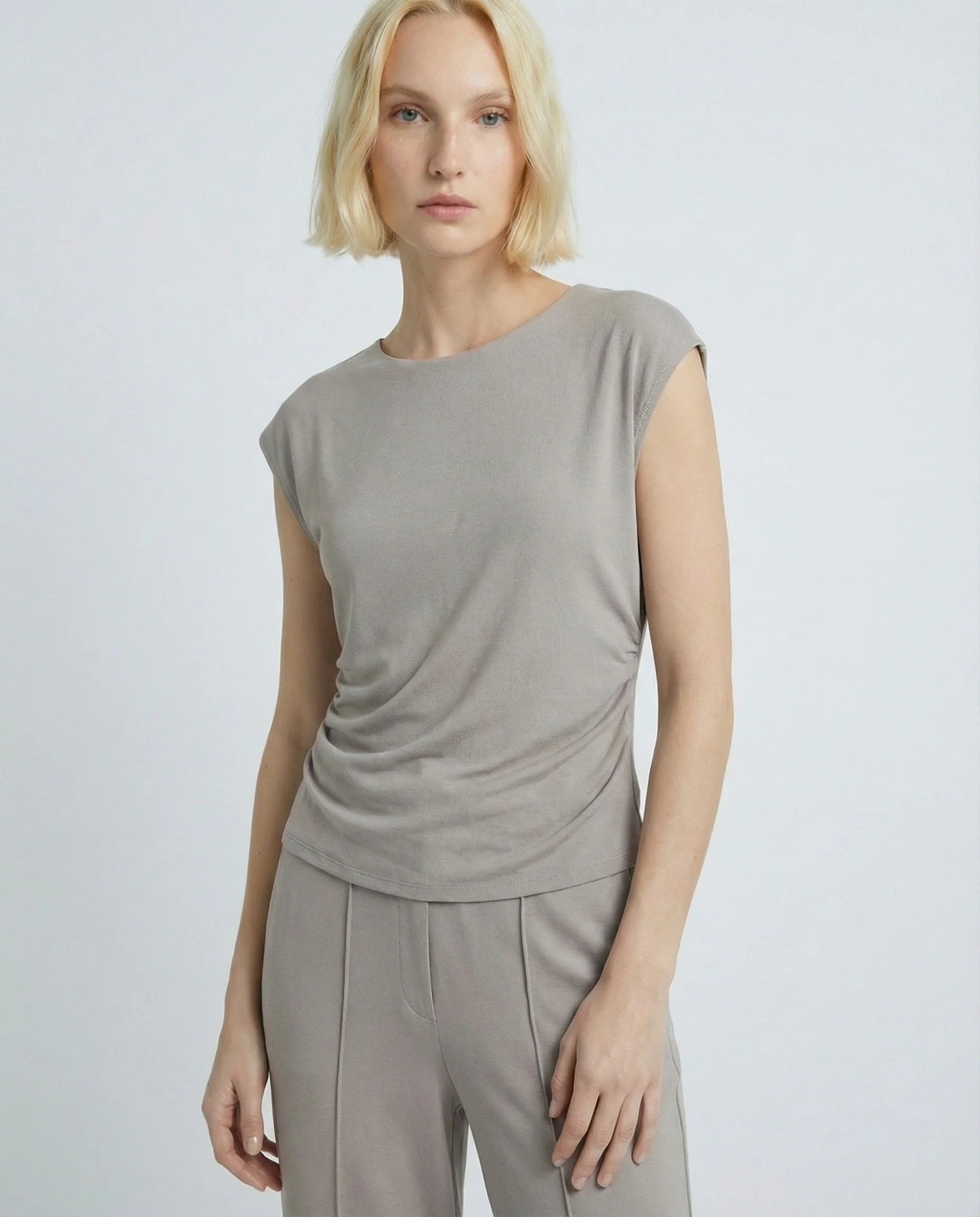 Tshirt con arricci laterali - Grigio fango - Image 3
