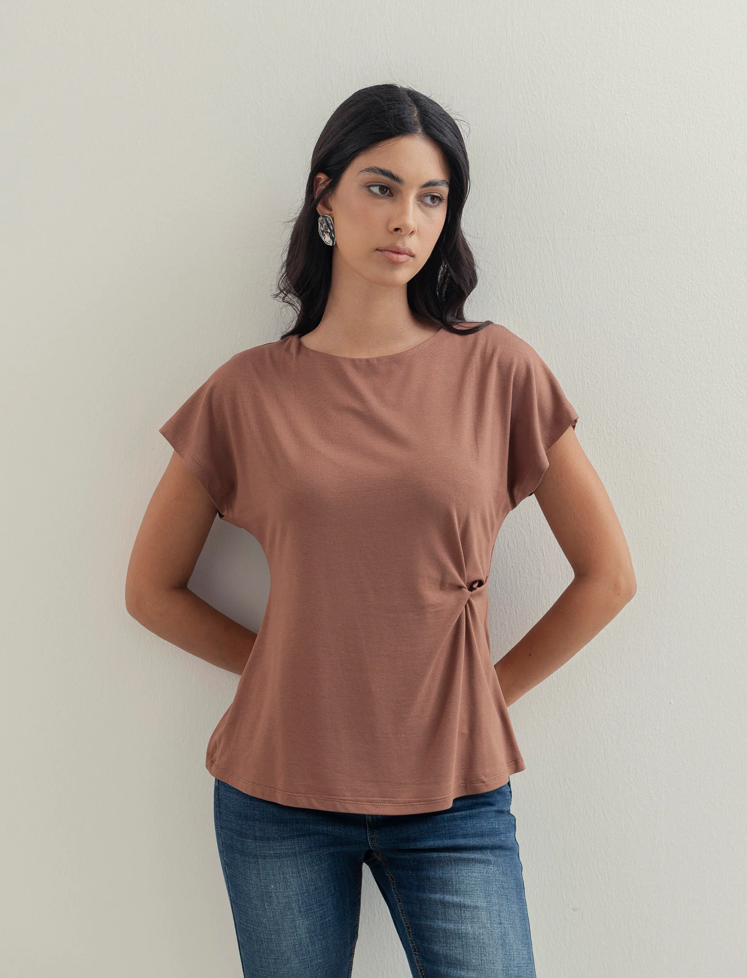 Tshirt con nodo in viscosa - Marrone tabacco