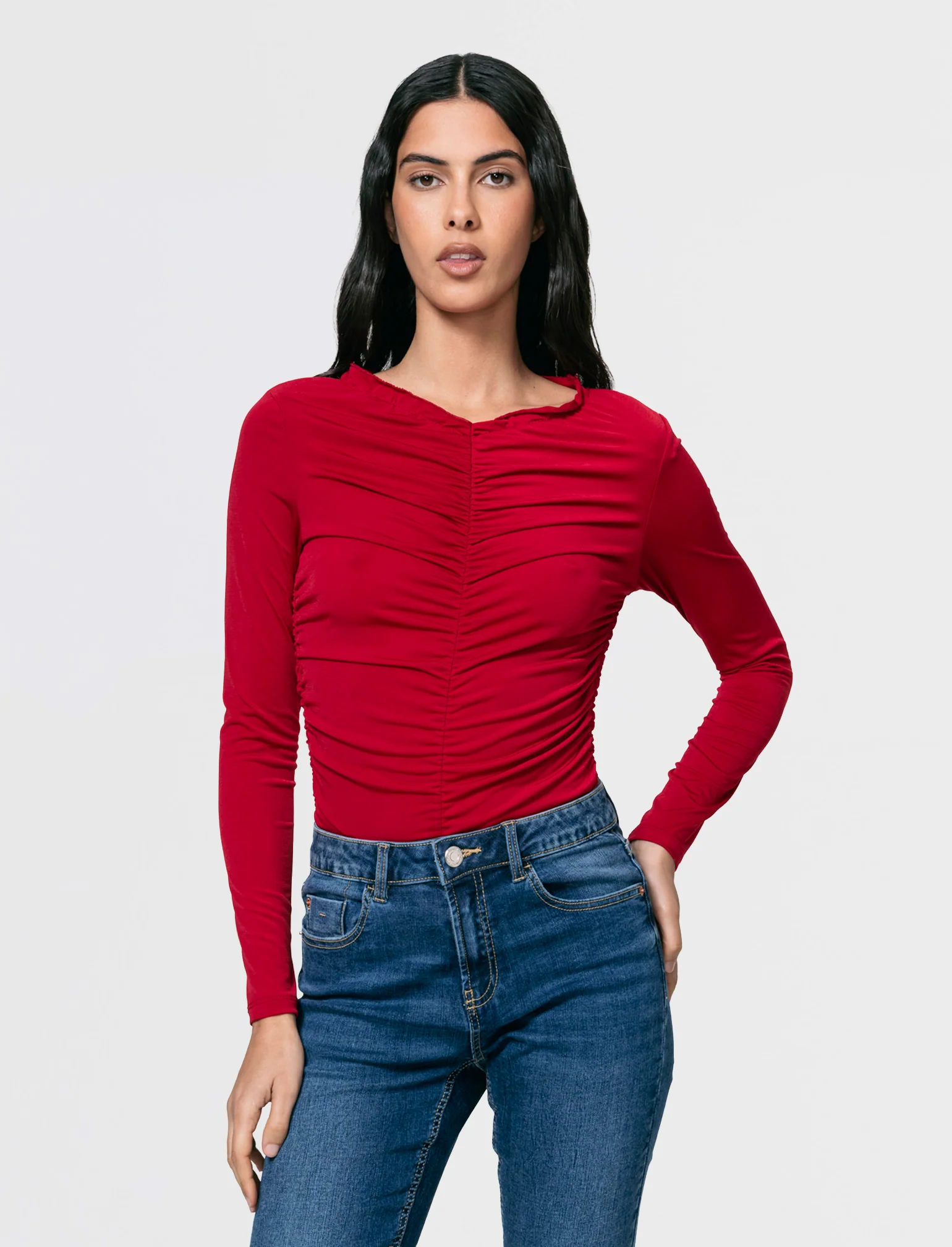Tshirt elastica manica lunga con arriccio - Rosso - Image 3