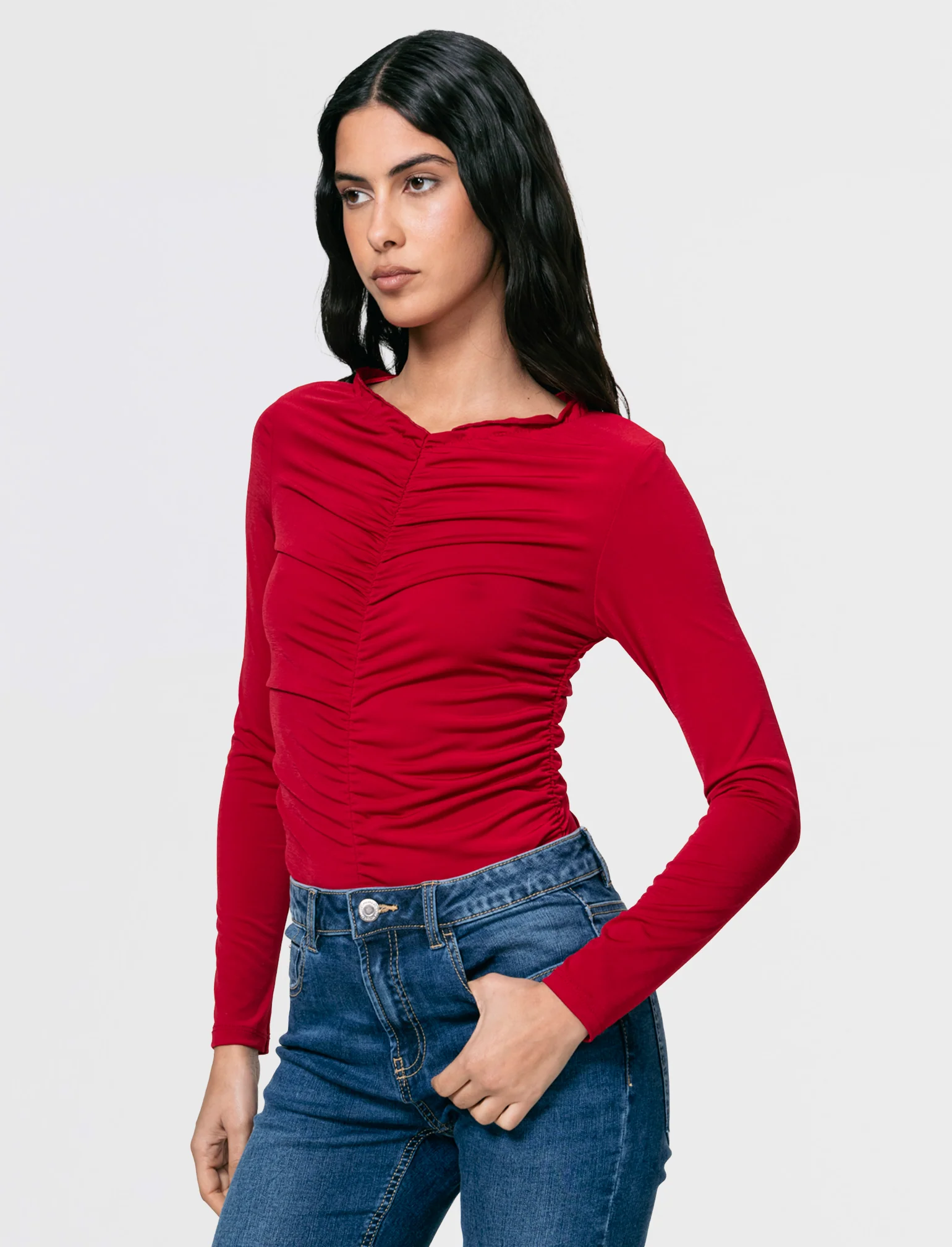 Tshirt elastica manica lunga con arriccio - Rosso - Image 4