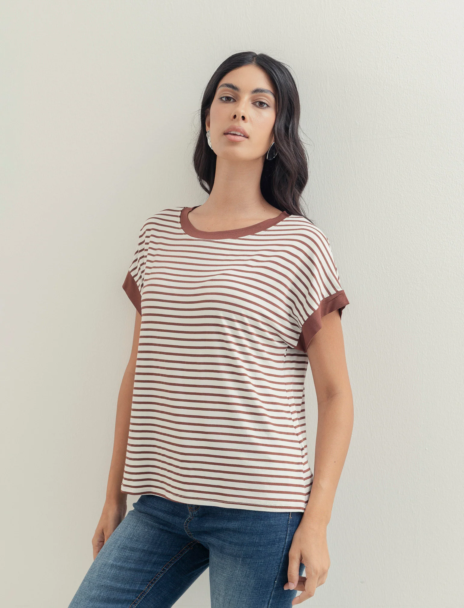 tshirt in viscosa rigata - Beige - Image 2
