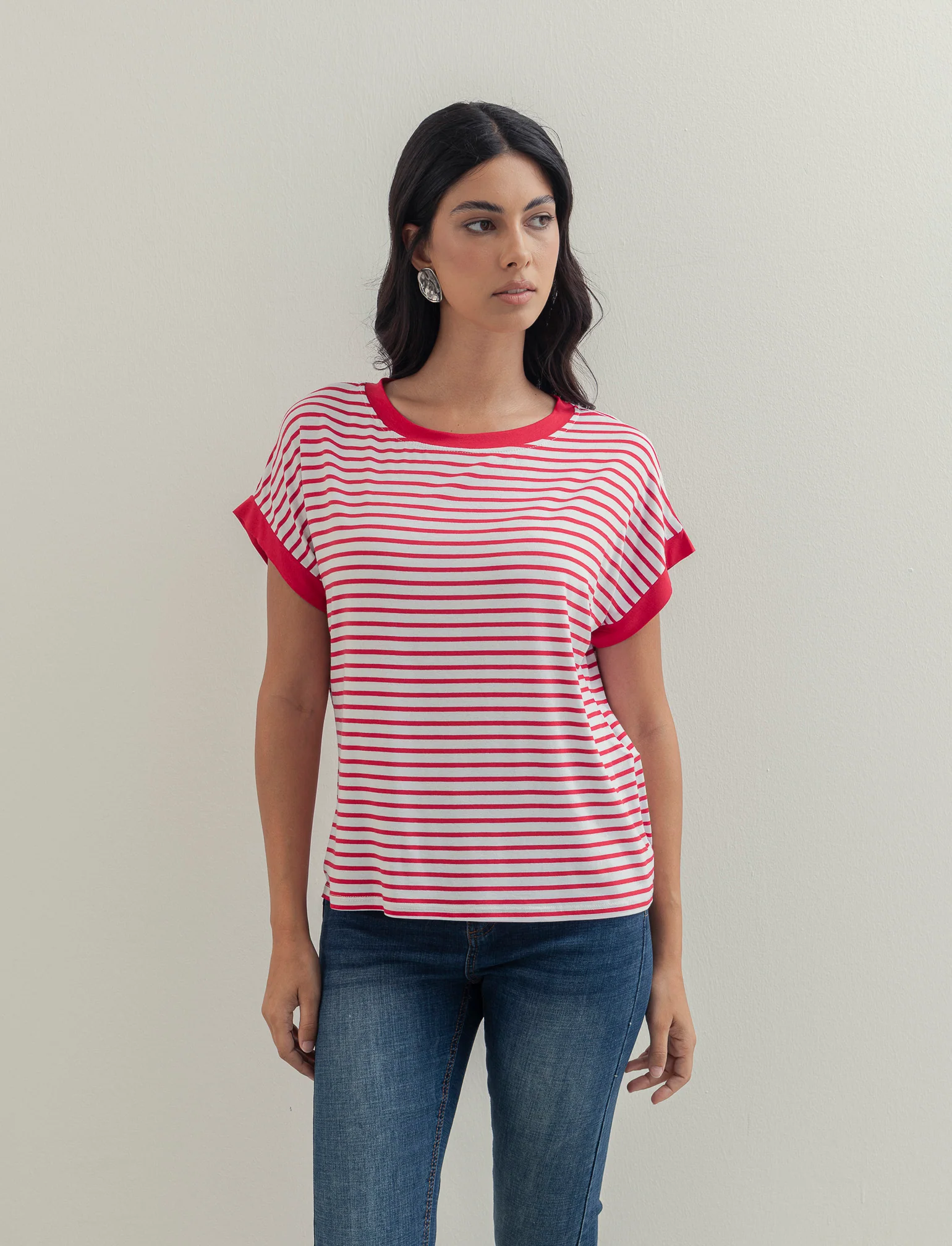 tshirt in viscosa rigata - bian-rosso - Image 2