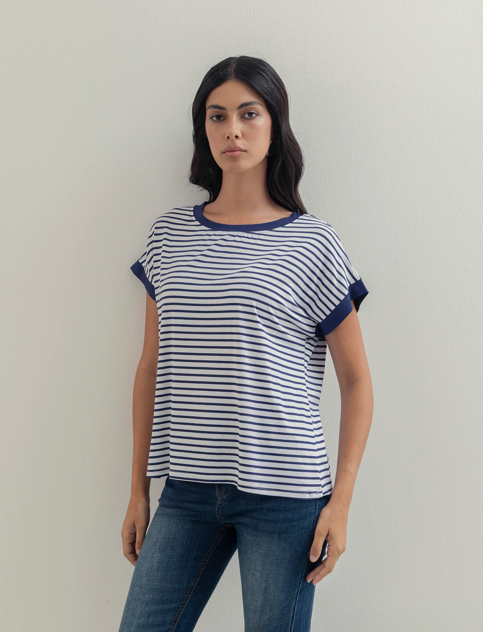 tshirt in viscosa rigata - Bianco-blu - Image 2