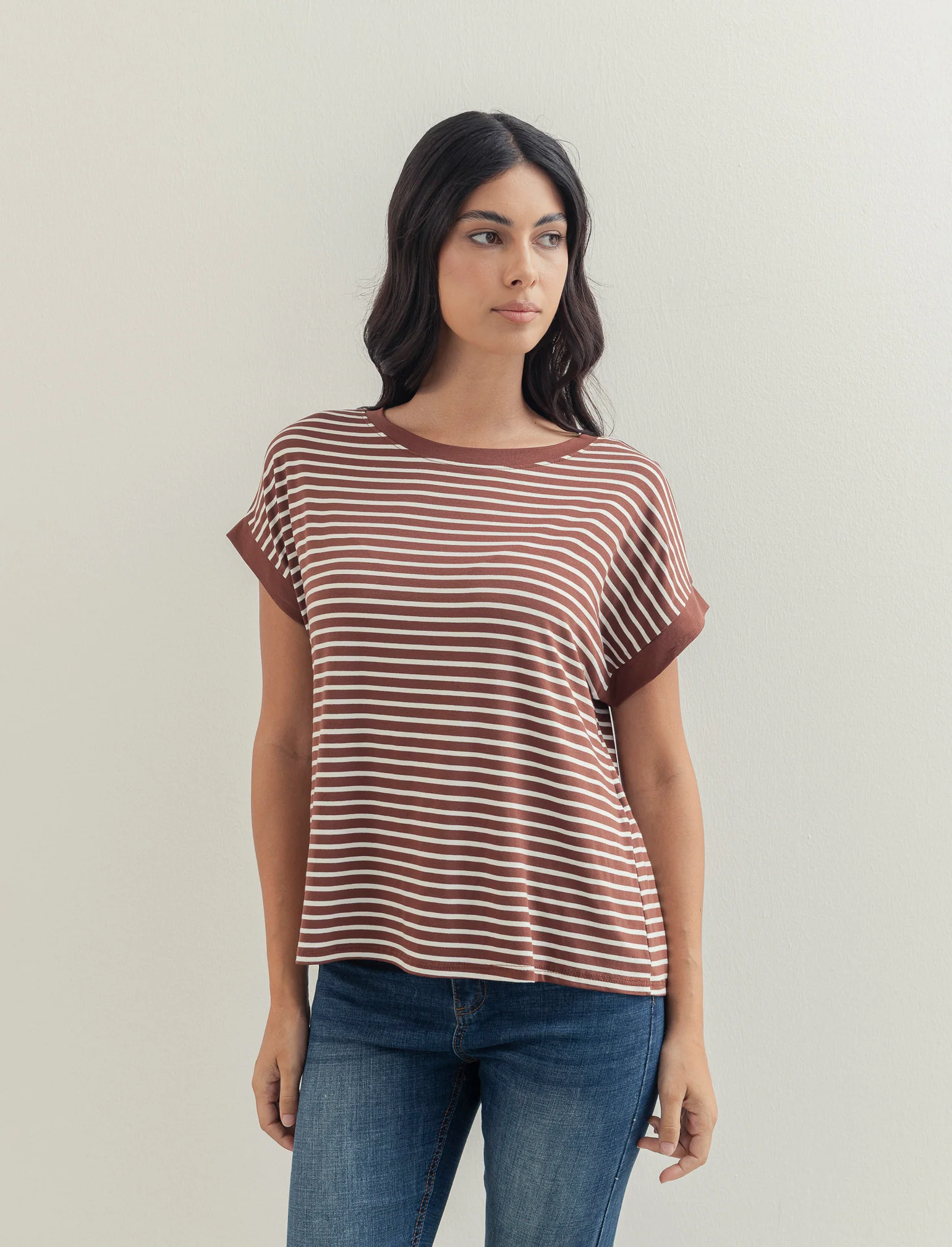 tshirt in viscosa rigata - Marrone - Image 2