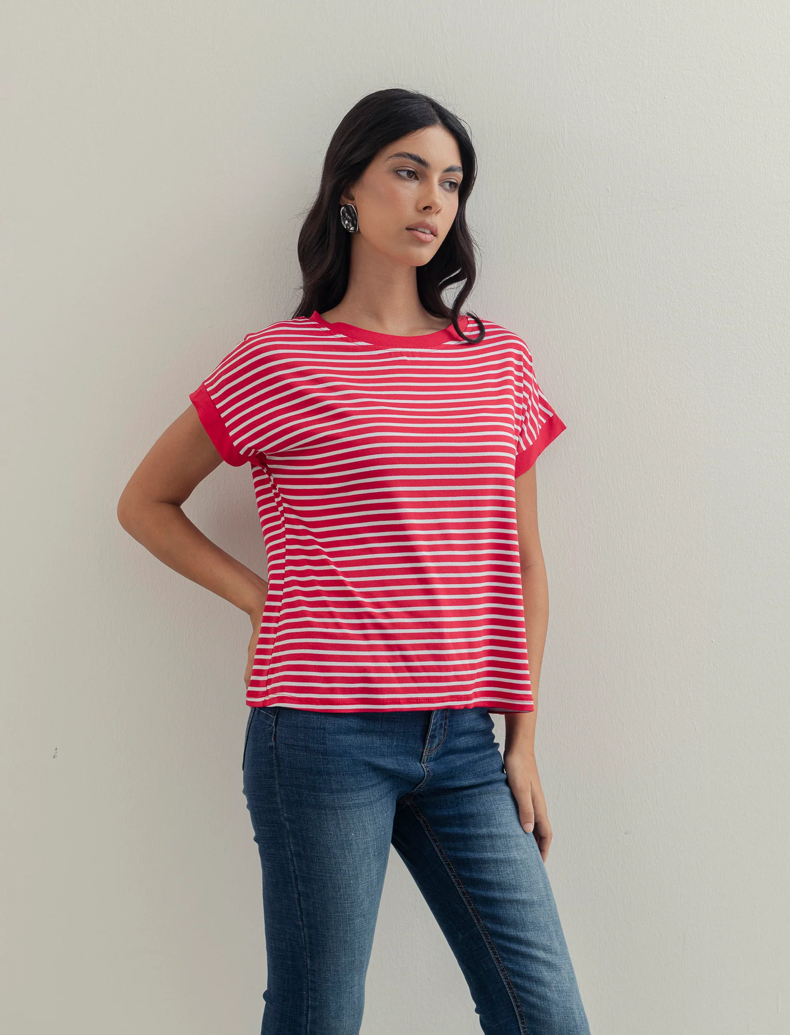 tshirt in viscosa rigata - Rosso-bianco - Image 2
