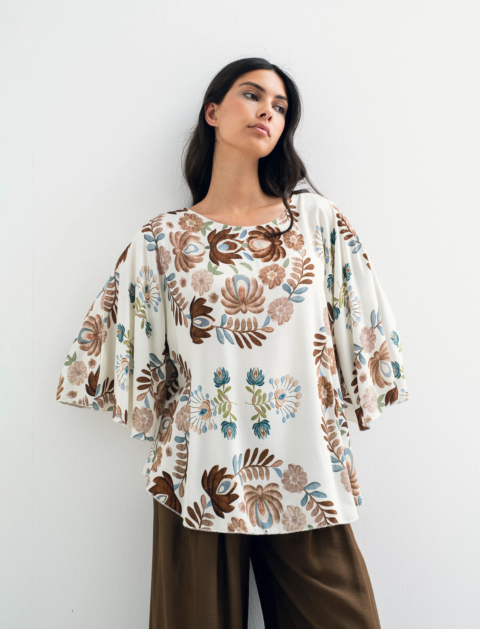 Tshirt in viscosa stampato - Marrone tabacco