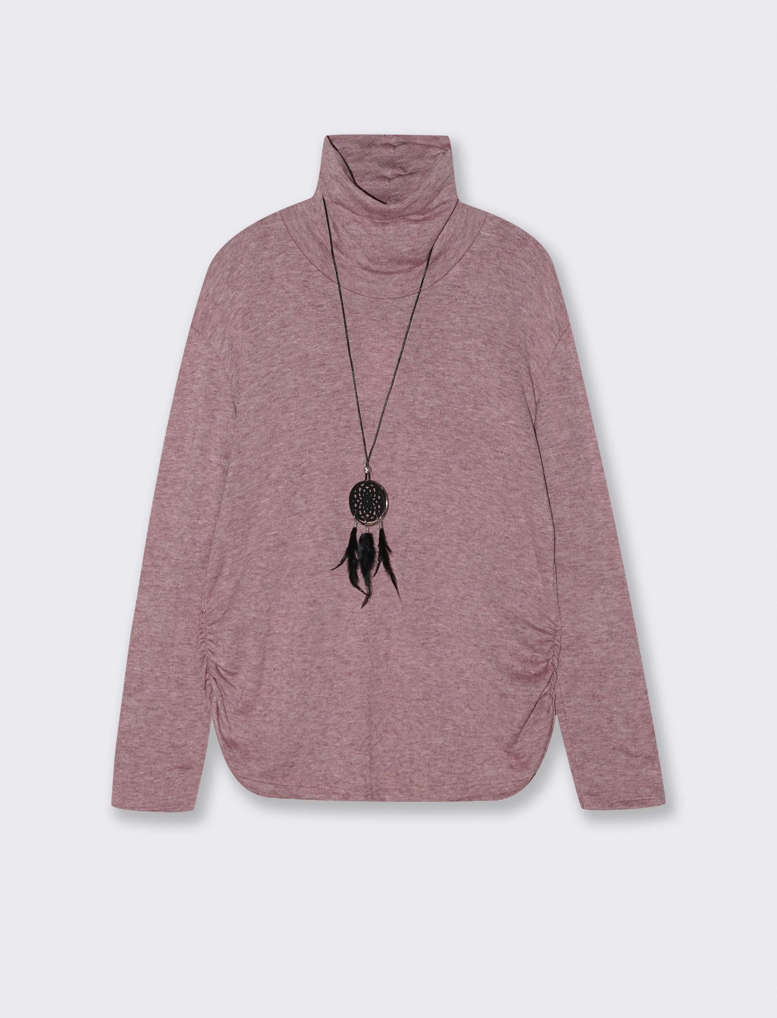 Tshirt manica lunga con collo alto in tessuto pesante con collana - Bordeaux