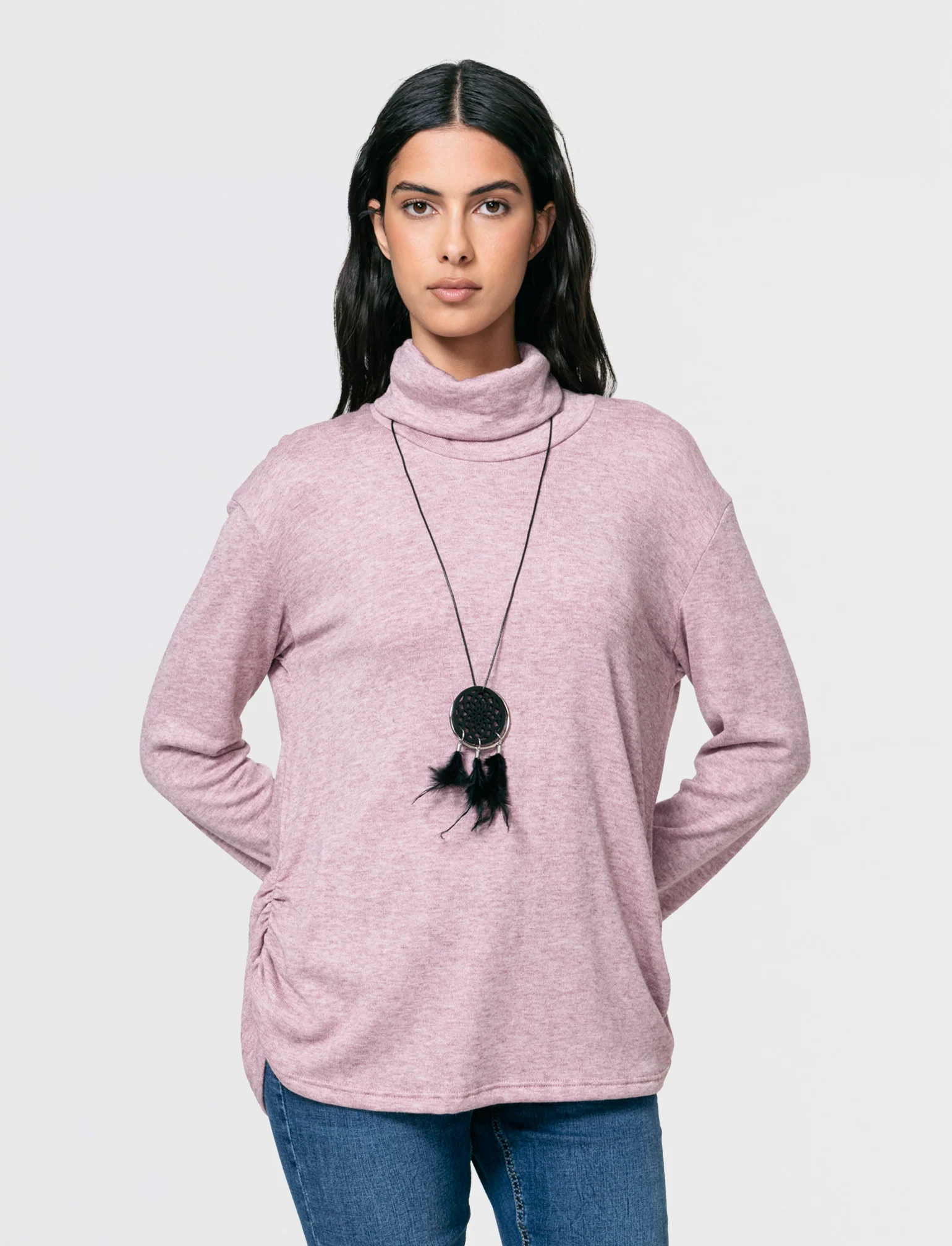 Tshirt manica lunga con collo alto in tessuto pesante con collana - Bordeaux - Image 3
