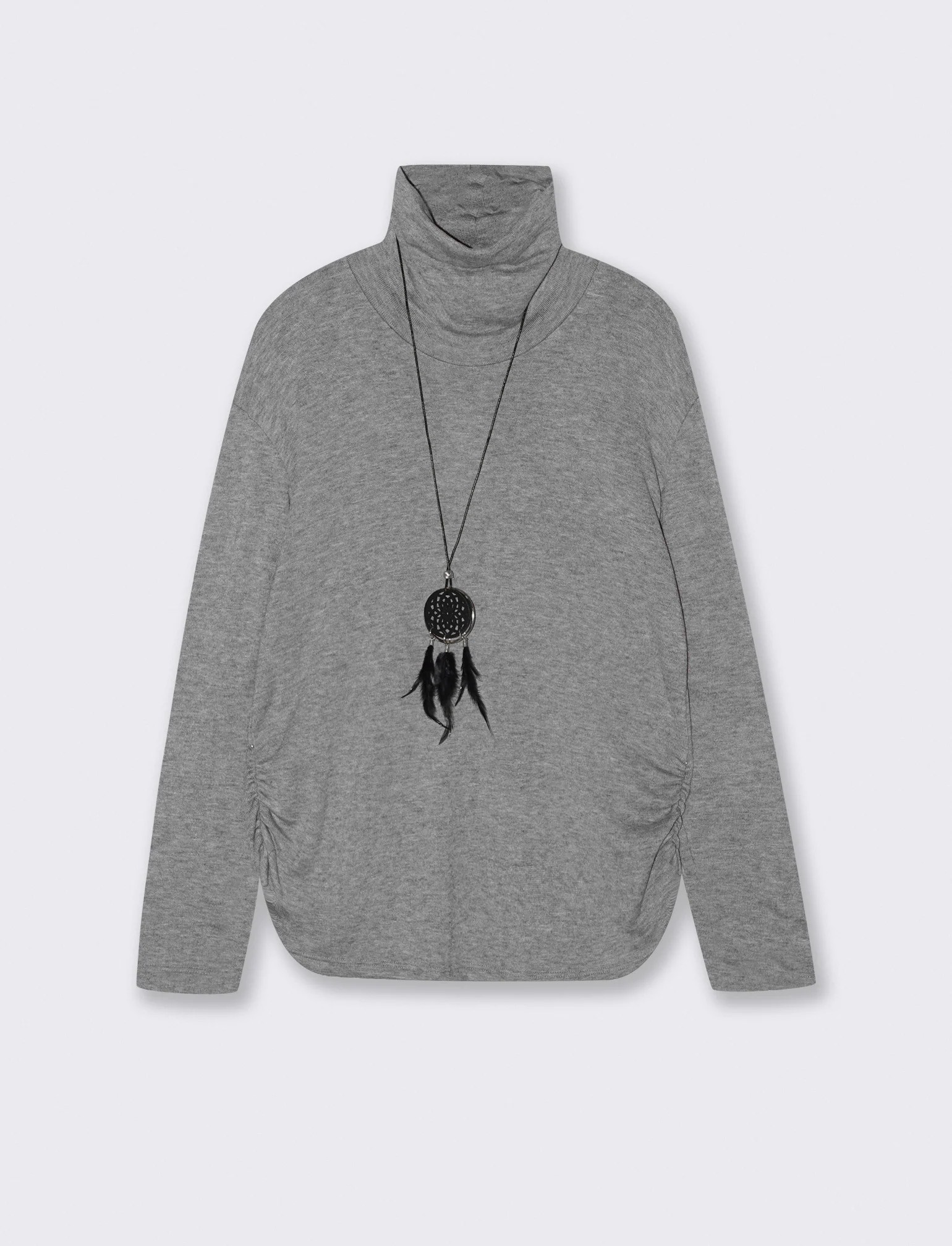 Tshirt manica lunga con collo alto in tessuto pesante con collana - Grigio mel.
