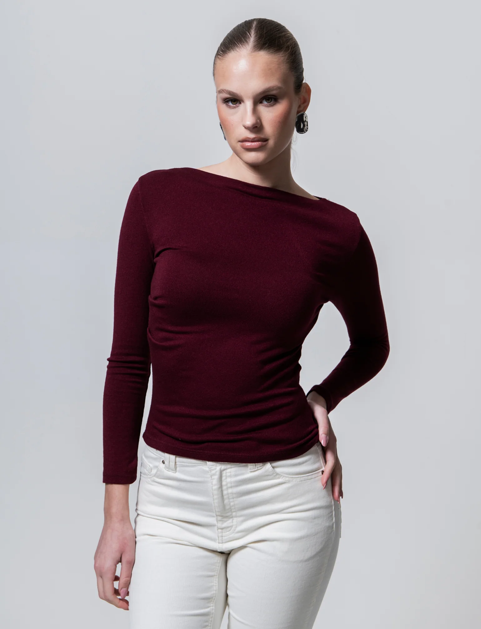 Tshirt manica lunga in maglia con scollo a barca - Bordeaux - Image 3